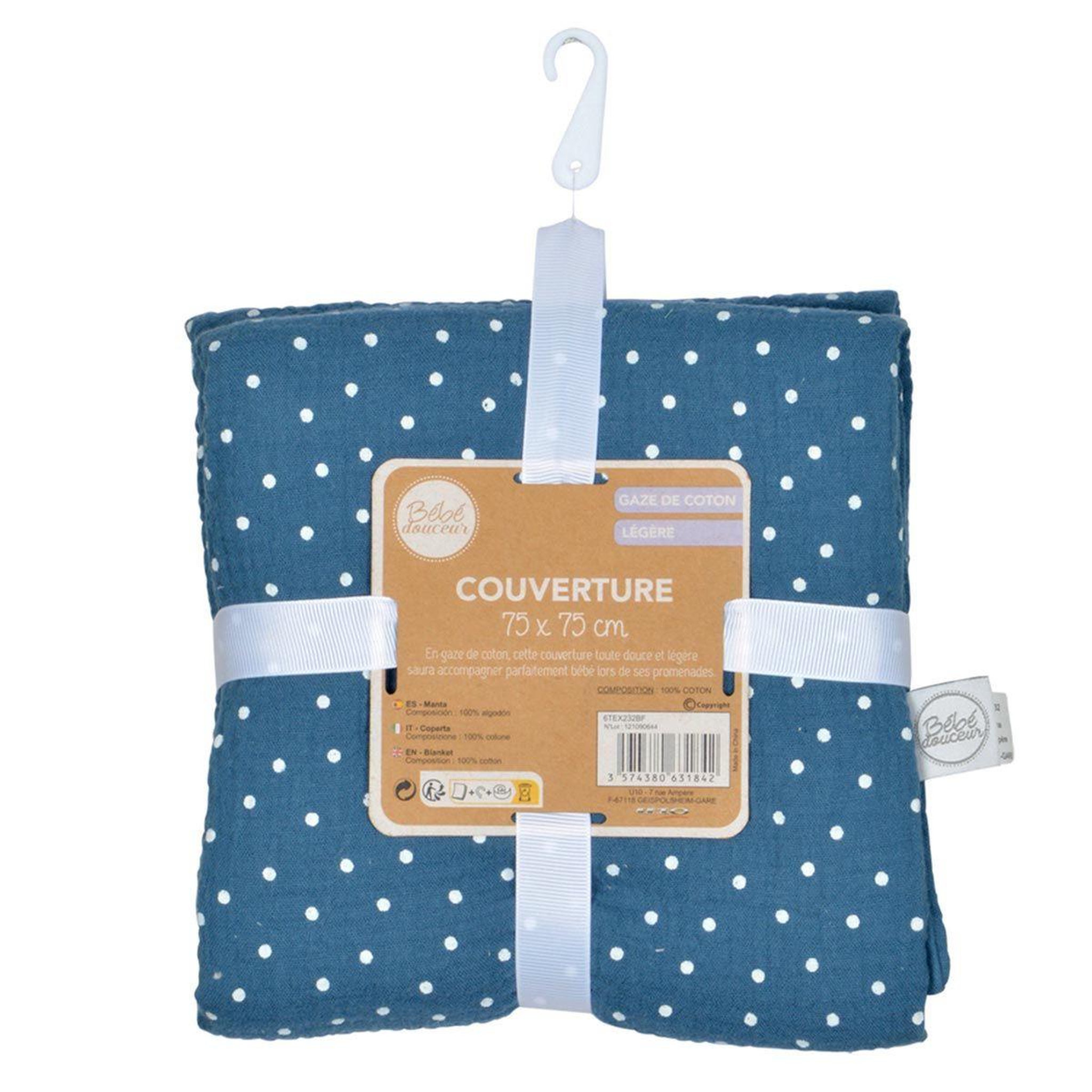 Voir la diapositive 3 : BEBE DOUCEUR Couverture pour bébé  coton  75x75cm bleu foncé