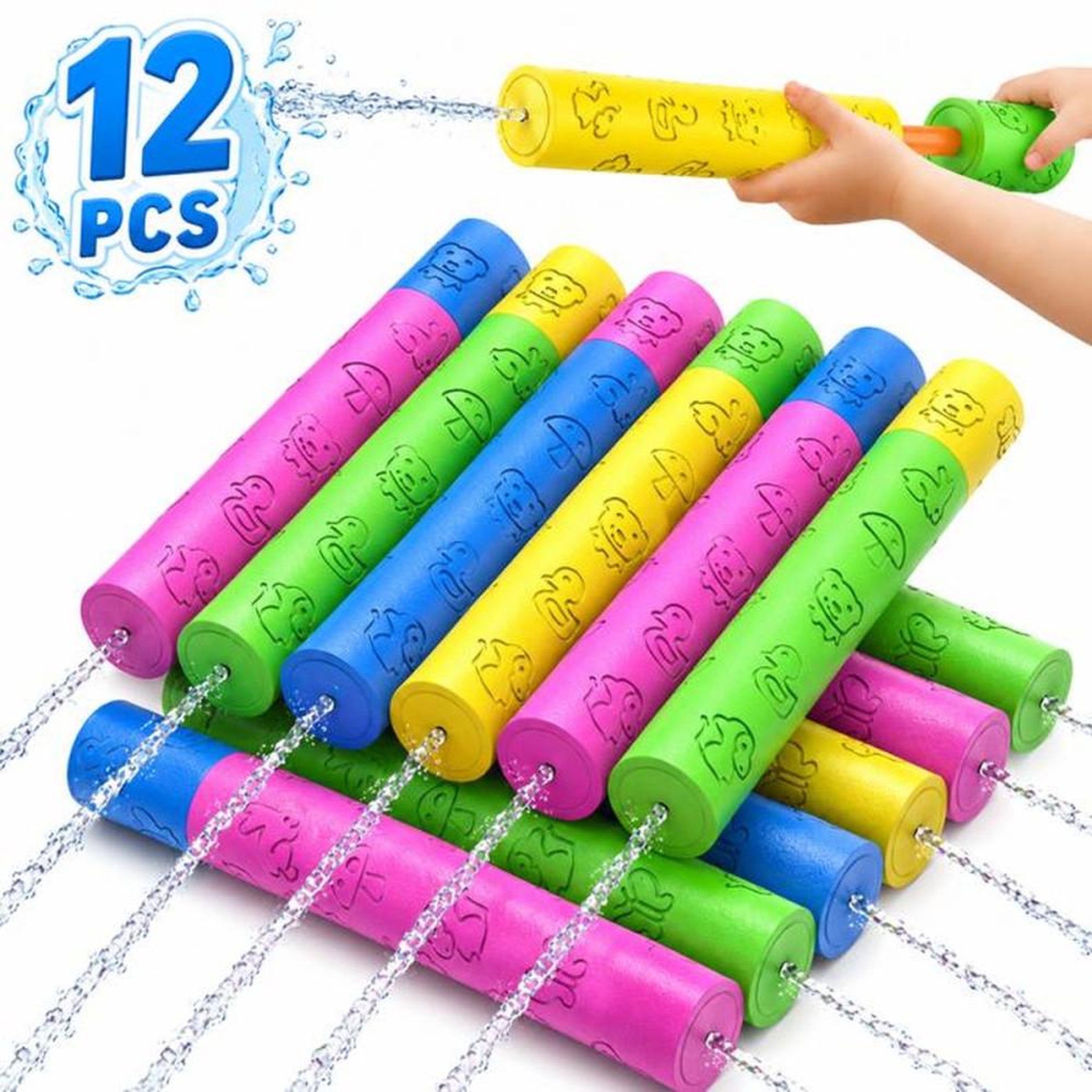 Jeu extérieur : coffret de 12 canons à eau en mousse XXL 30 cm, portée 4 à 6 m, couleurs assorties