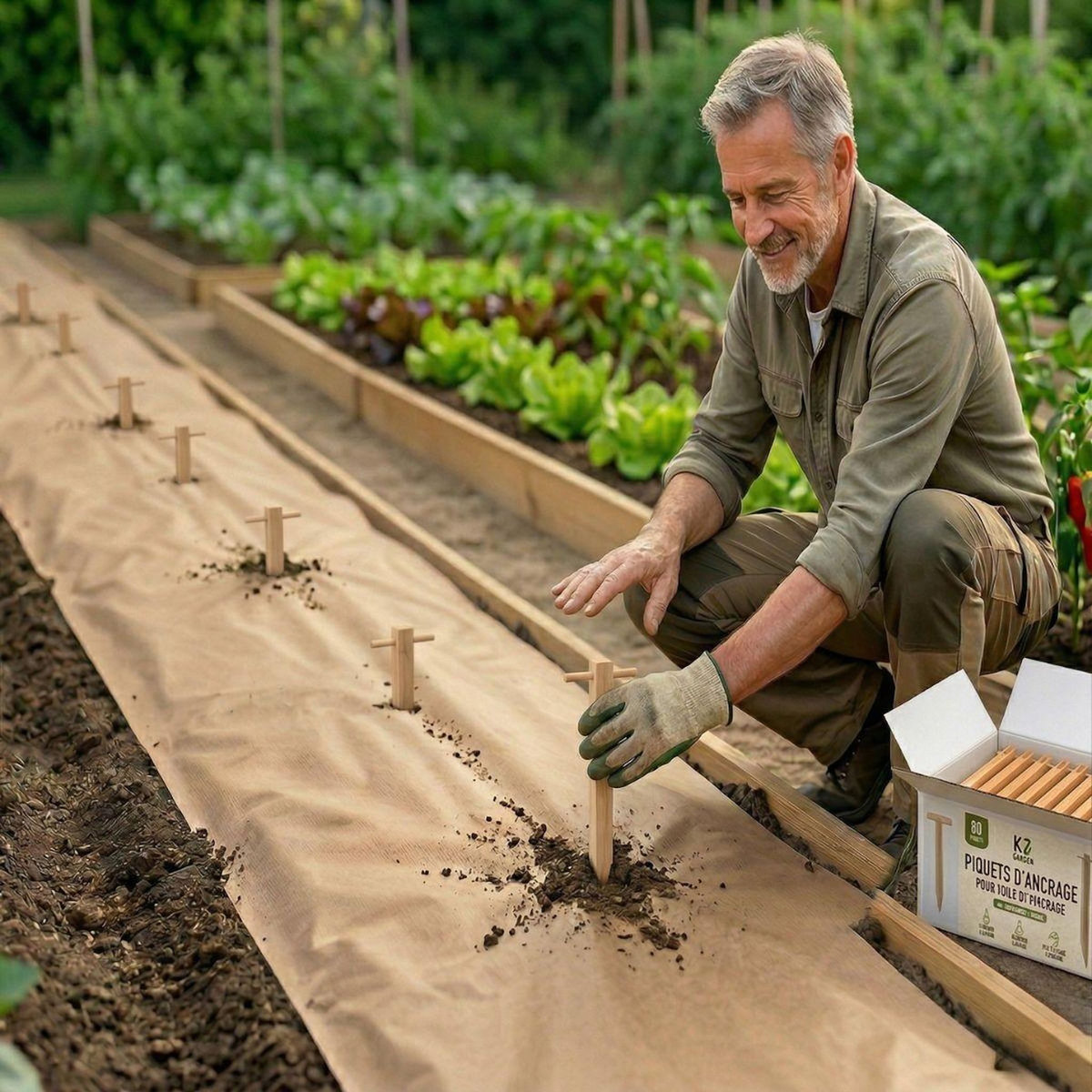 KZ GARDEN Kit Toile de paillage Papier Kraft 0.9 x 20m + 60 Piquets Bois fixation Paillage Autodégradable Anti mauvaises herbes Jardin