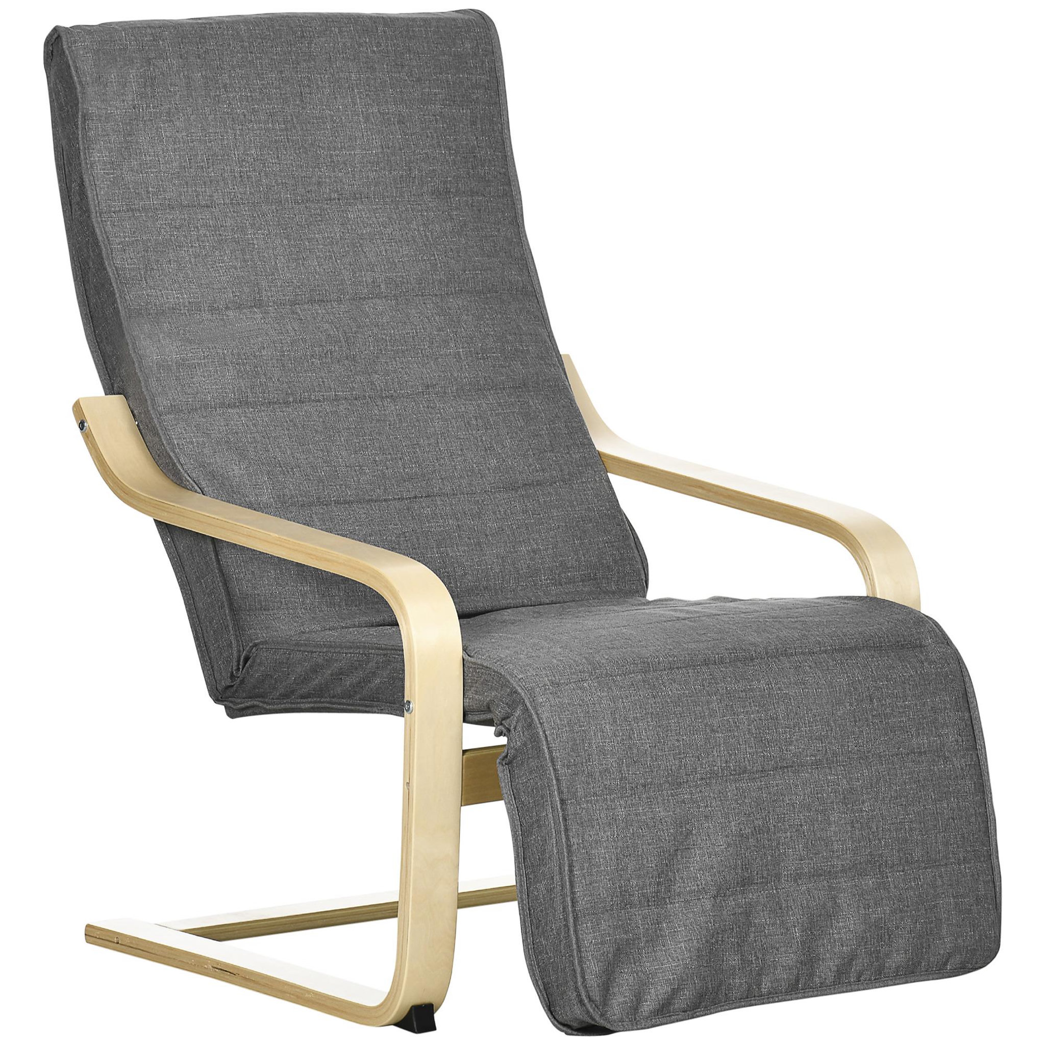 Voir la diapositive 1 : HOMCOM Fauteuil style nordique - repose-pied réglable - déhoussable - bois de bouleau tissu gris
