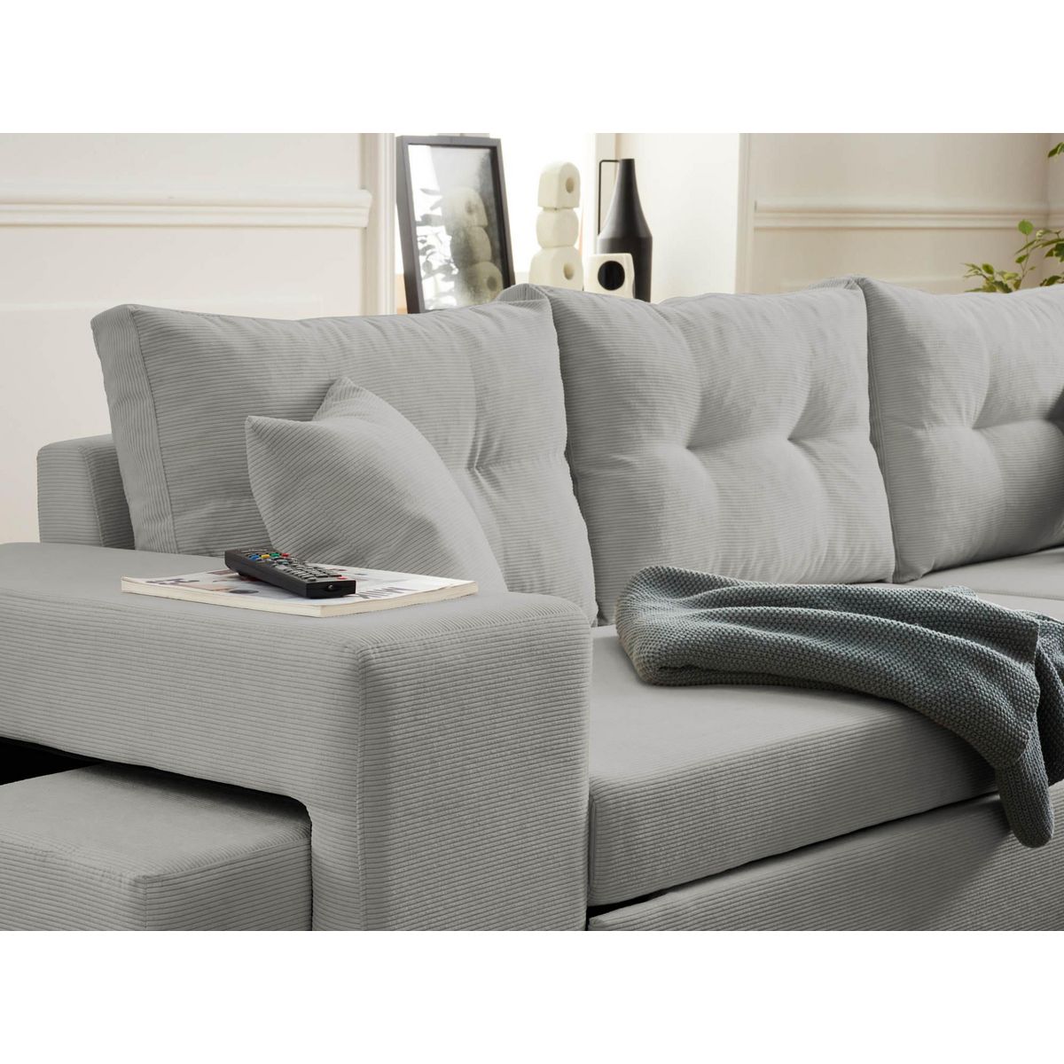 BEST MOBILIER California - canapé d'angle réversible convertible - avec coffre, tablette et poufs - en velours côtelé - 4 places