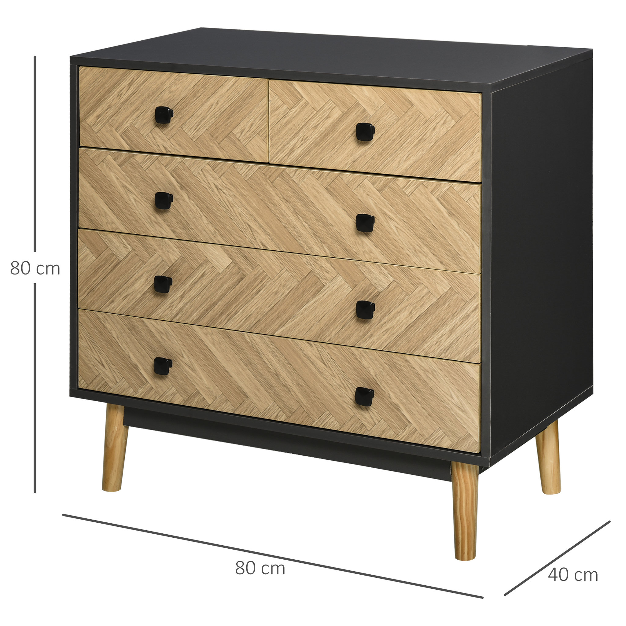 Voir la diapositive 3 : HOMCOM Commode 5 tiroirs design scandinave graphique dim. 80L x 40l x 80H cm panneaux de particules gris foncé chêne clair