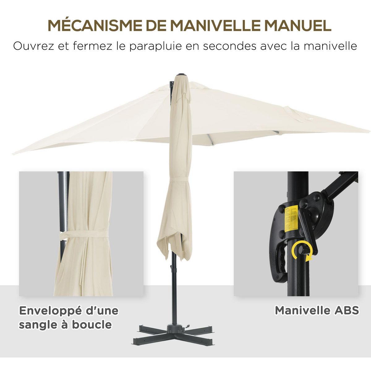 OUTSUNNY Parasol déporté carré inclinable manivelle avec pied en acier dim. 2,45L x 2,45l x 2,45H m métal alu. polyester haute densité beige