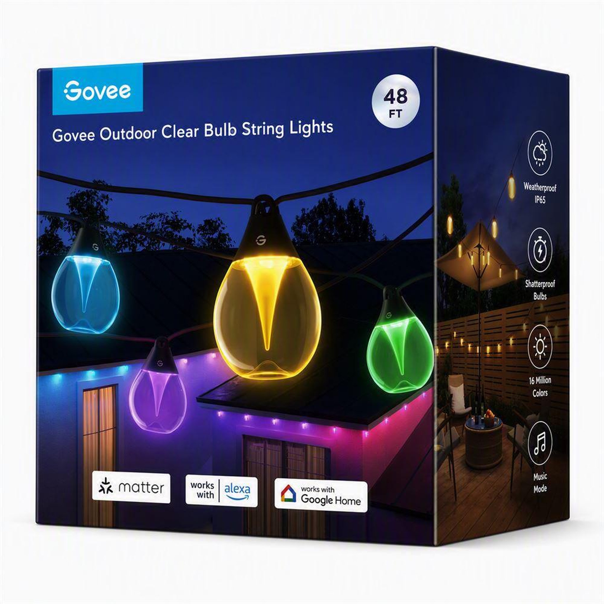 GOVEE Ruban led extérieur smart 15 m multicolore rgbwic transparents, contrôle via wifi et bluetooth, mode musique, 111 scènes