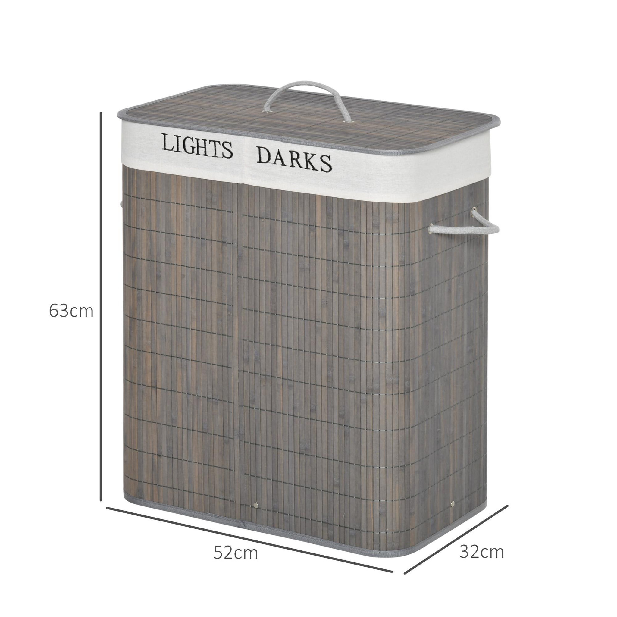 Voir la diapositive 3 : HOMCOM Panier à linge corbeille à linge 2 bacs bambou pliable couvercle poignée sac amovible en toile gris