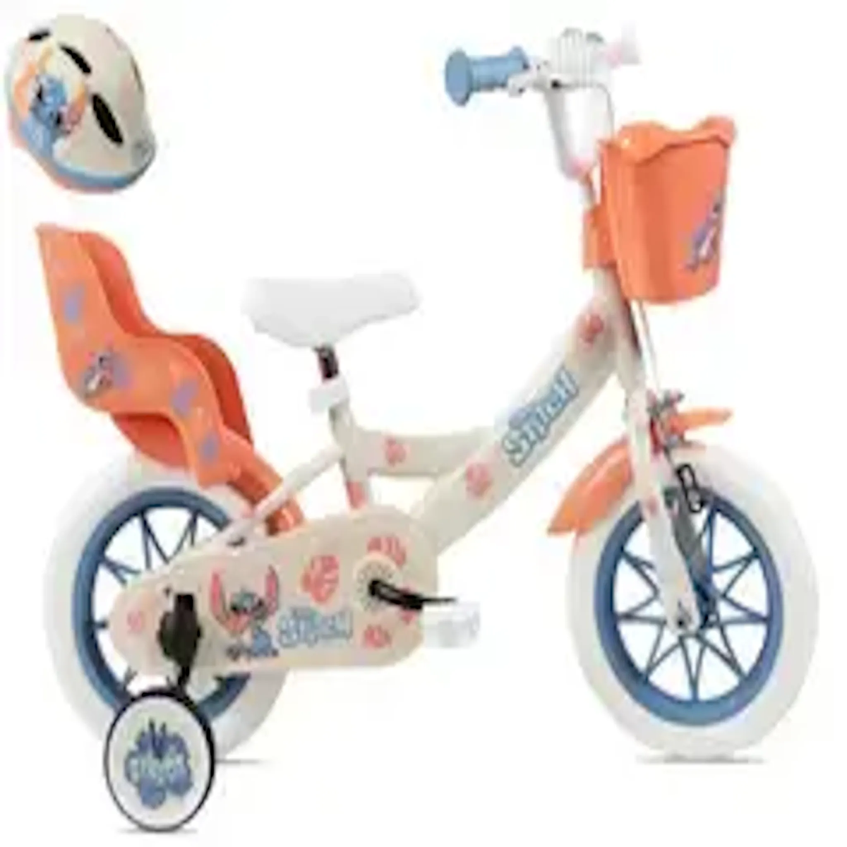 DISNEY Vélo enfant 12'' STITCH / DISNEY (Taille enfant < 95 cm) avec 1 frein, panier avant, porte poupée, stabilisateurs & Casque inclus !