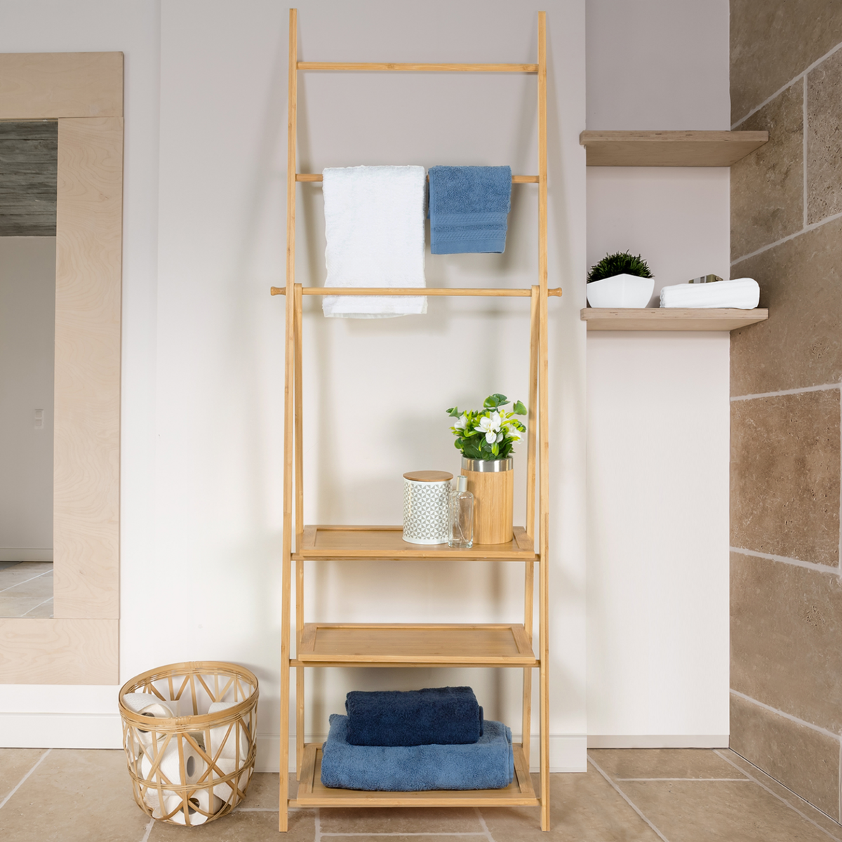 ID MARKET Porte-serviettes 3 niveaux LANA 3 étagères en bambou
