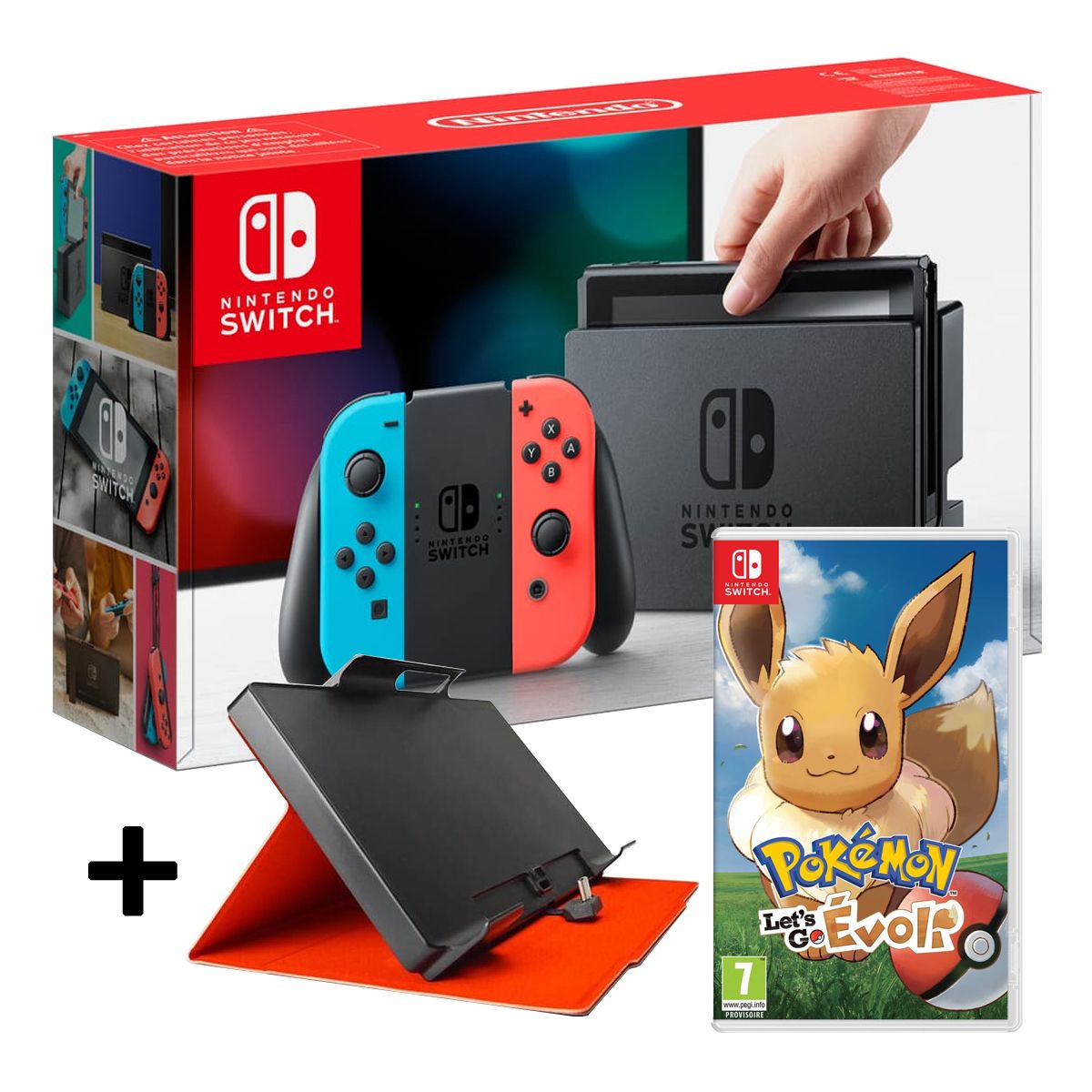 NINTENDO Console Nintendo Switch Joy-Con Néon + Pokemon Let's Go Evoli + Powerbank avec étui de protection Nintendo Switch