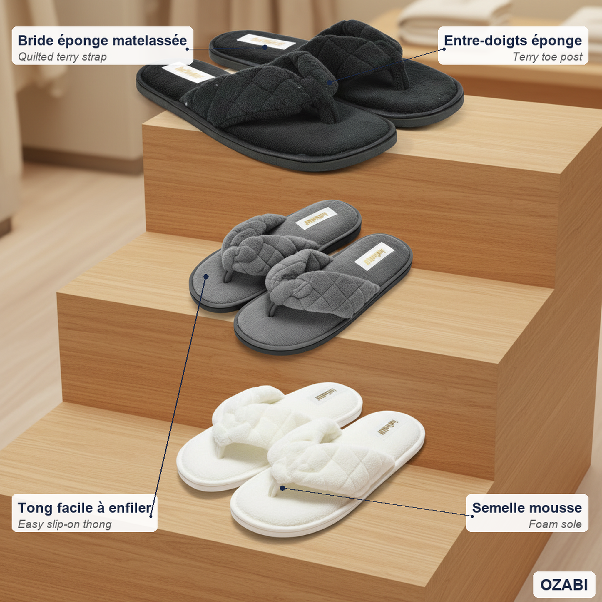 Voir la diapositive 5 : OZABI Infinitif paris pantoufles tongs éponge femme pack 3 paires