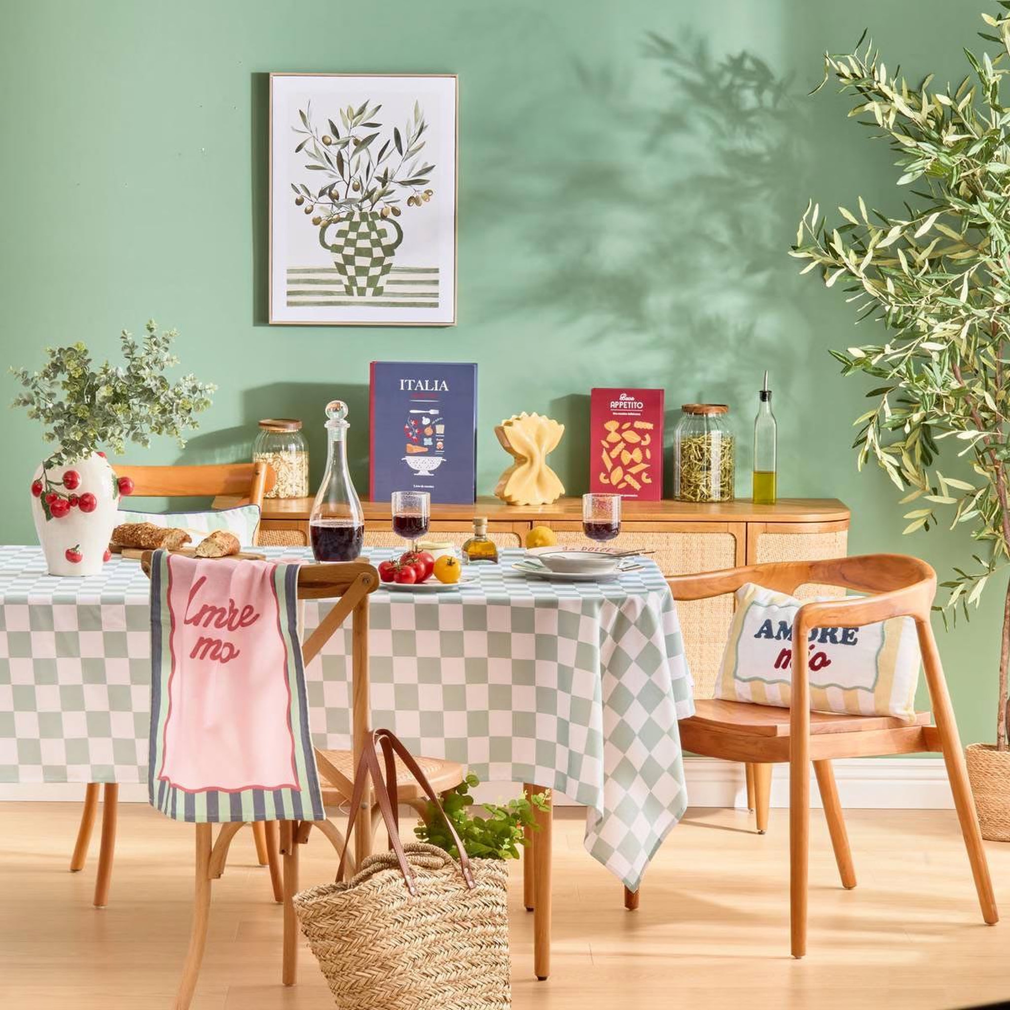 Voir la diapositive 4 : ATMOSPHERA Nappe antitache imprimé  della pasta  150x300cm vert céladon