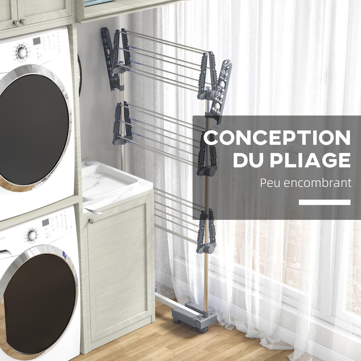 HOMCOM Séchoir à linge étendoir pliable ailes latérales 3 niveaux acier inox PP