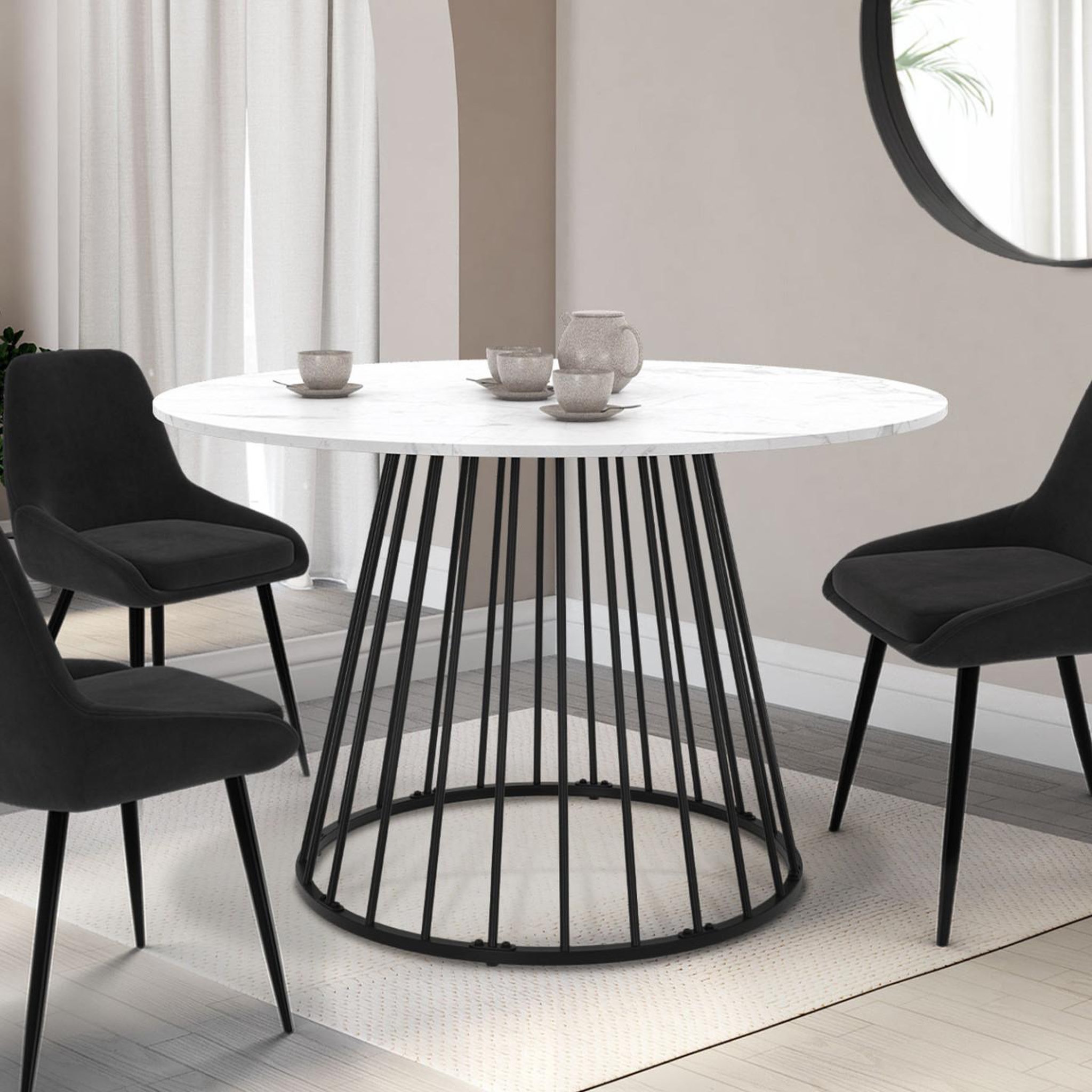 Voir la diapositive 2 : ID MARKET Table à manger ronde yuna 6 personnes pied filaire en métal noir et plateau effet marbre blanc alaska 110 cm