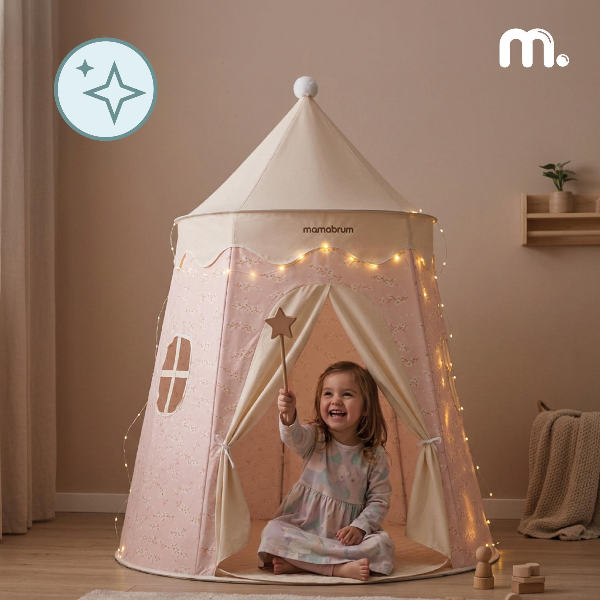 Voir la diapositive 2 : MAMABRUM Tente Tipi Enfant, Désign Château avec Guirlande LED et Tapis  de Jeu, 113x155 cm Mamabrum