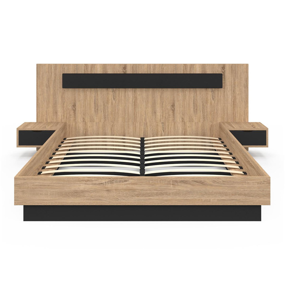 ID MARKET Lit double SANTA avec tête de lit + tables de chevet intégrées et sommier 160 x 200 cm bois et noir