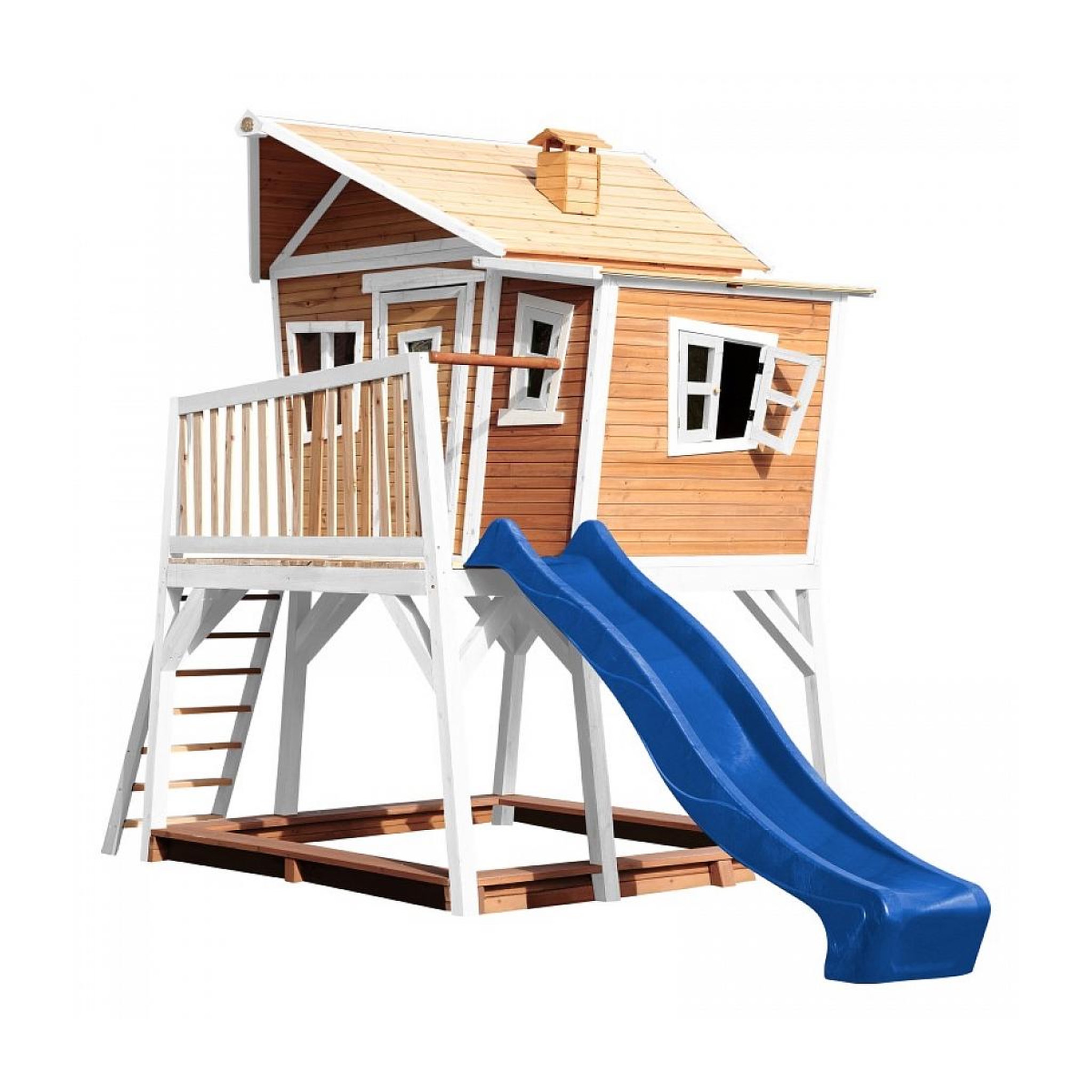 Voir la diapositive 2 : Axi House AXI Maisonnette MAX Brun Blanc avec toboggan Bleu et bac à sable