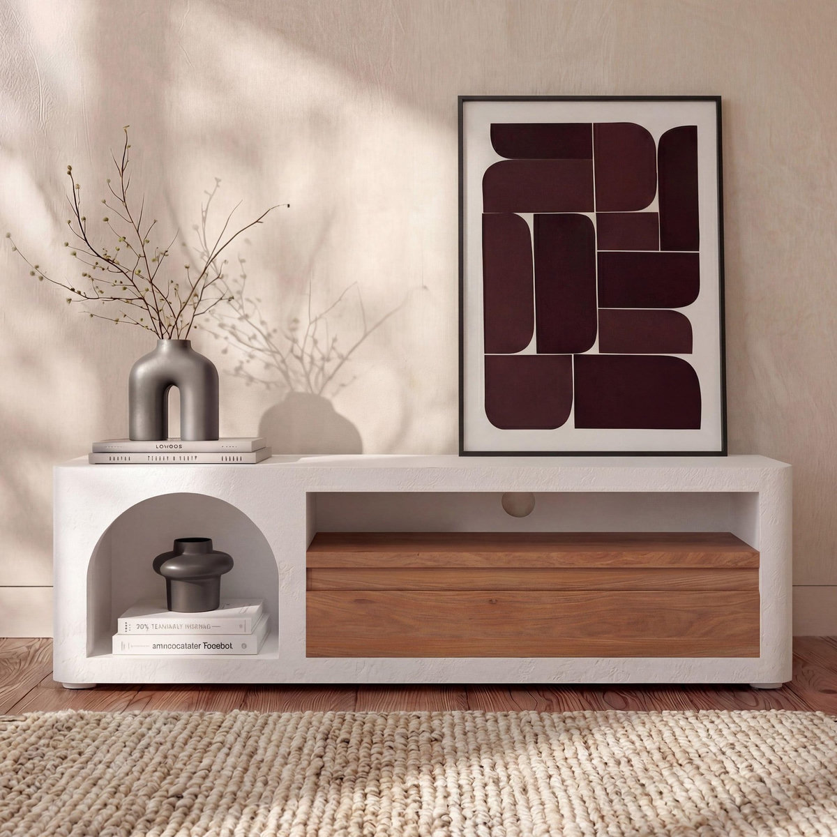 Rendez vous déco Meuble TV en plâtre blanc cassé 140 cm avec tiroir-Fira