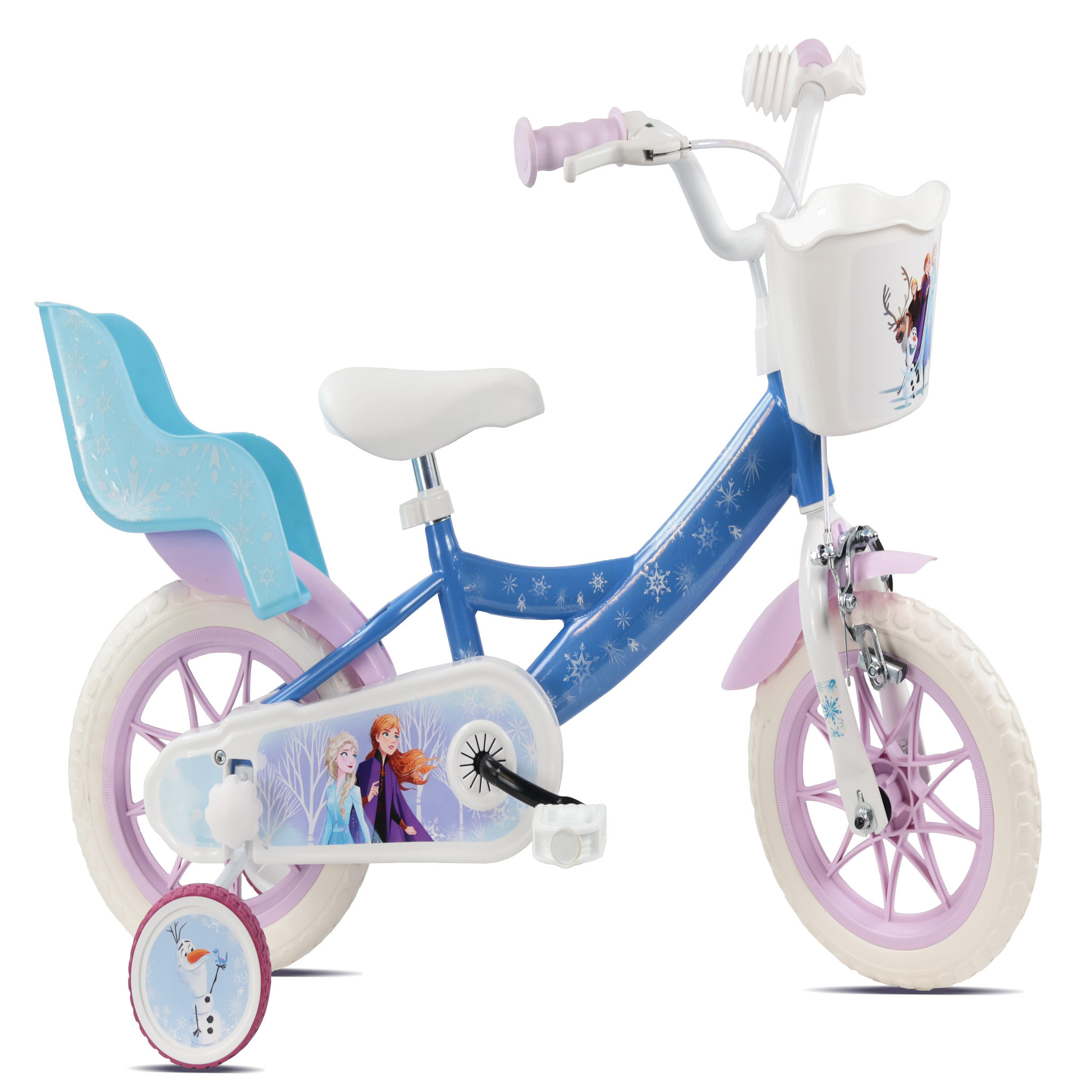 Disney La Reine des Neiges Vélo enfant - Vélo 12  Fille Reine de Neiges pour enfant de 2 à 4 ans avec stabilisateurs - 1 frein & panier avant et porte poupée.