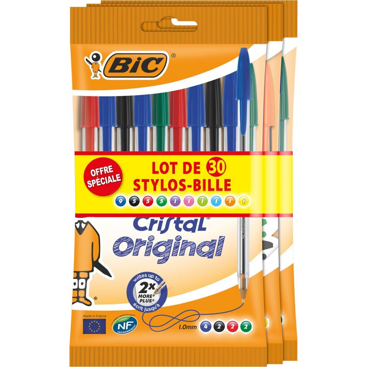 BIC Lot de 30 stylos bille pointe moyenne couleurs assorties CRISTAL ORIGINAL