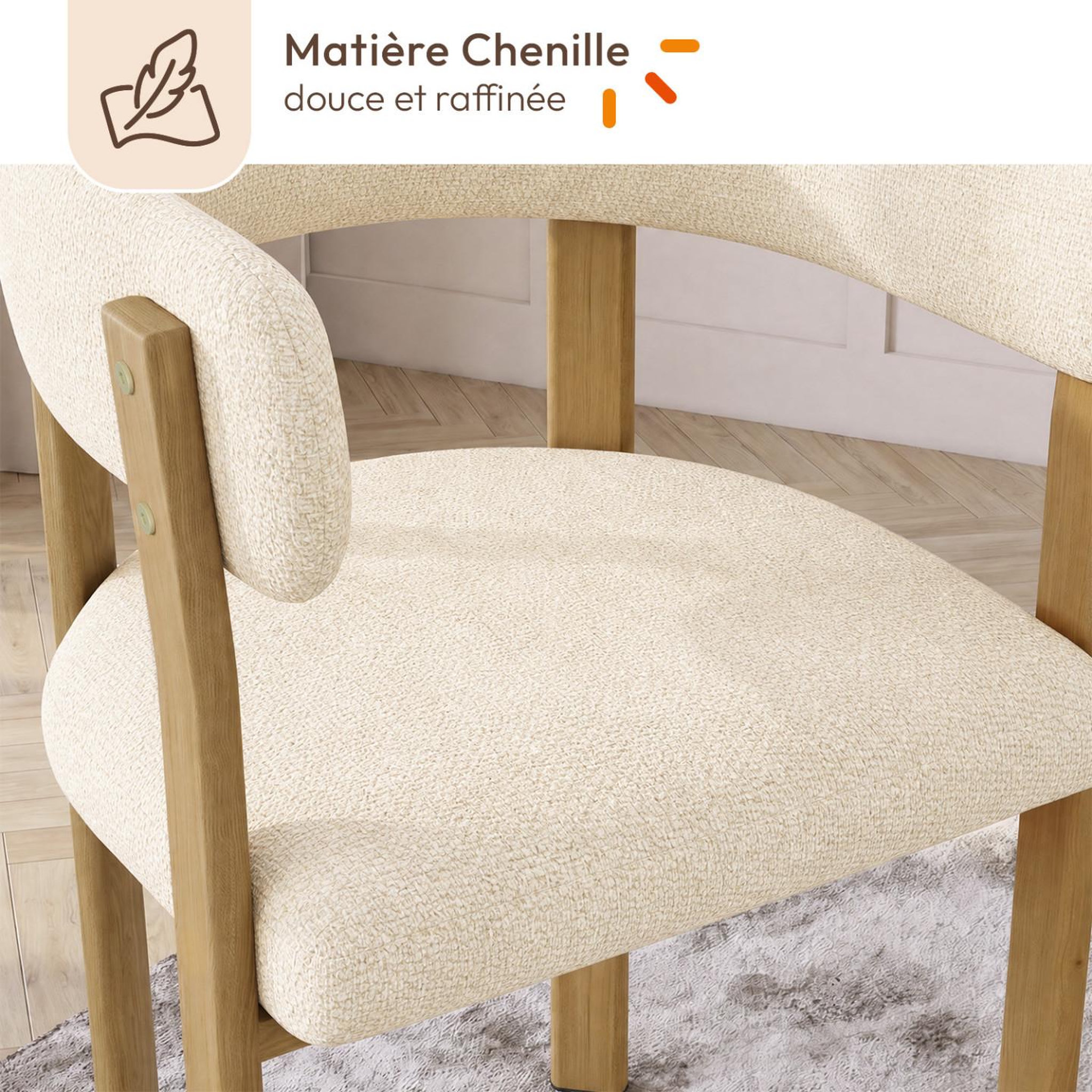 Voir la diapositive 5 : ID MARKET Lot de 2 chaises, fauteuils de table NELLA en métal effet bois et tissu chenille beige pour salle à manger