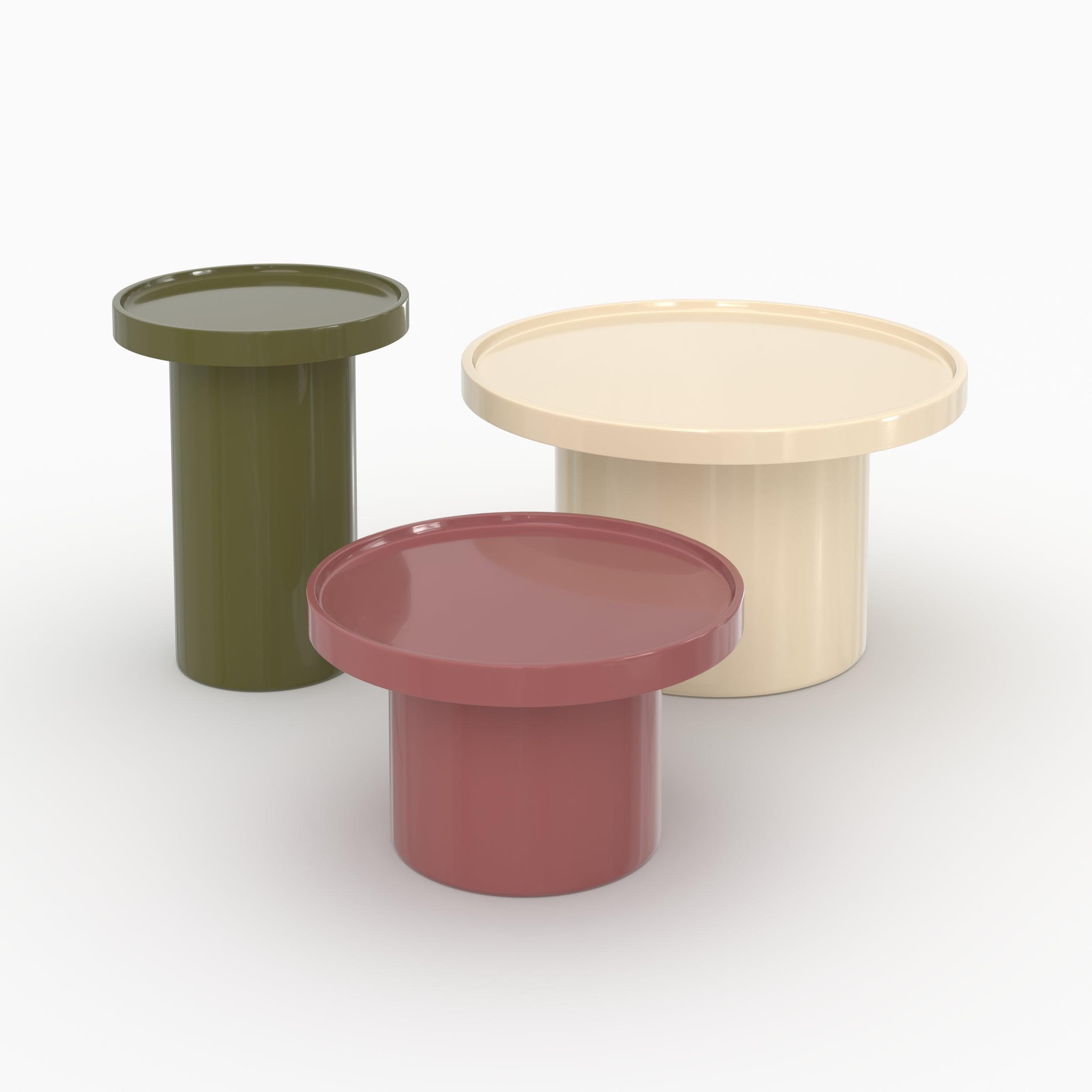 MAISON PAVANE Lot de 3 tables basses laquées blanches, vert olive et rouge en mdf-nora