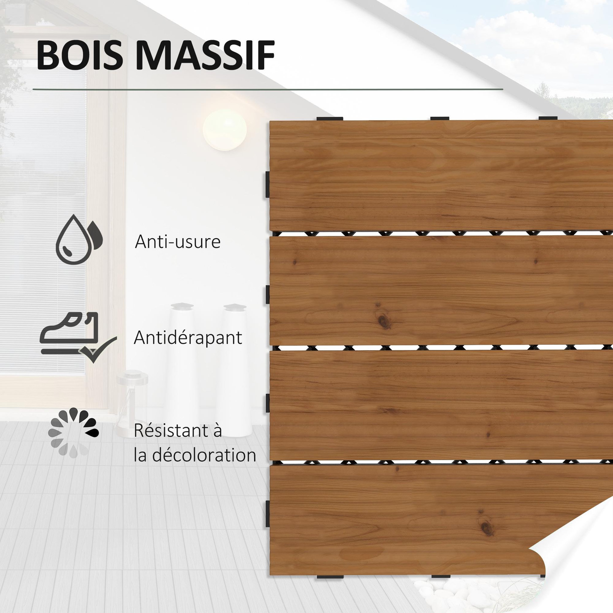 Voir la diapositive 5 : OUTSUNNY Dalles terrasse - caillebotis - lot de 12 pcs, max. 1,08 m²- clipsables, installation très simple - lamelles bois sapin pré-huilé