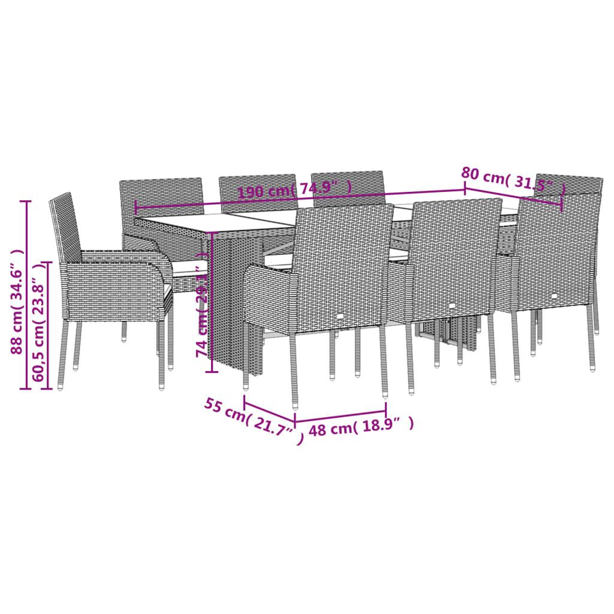 Voir la diapositive 6 : VIDAXL Ensemble a manger de jardin 9 pcs coussins gris resine tressee