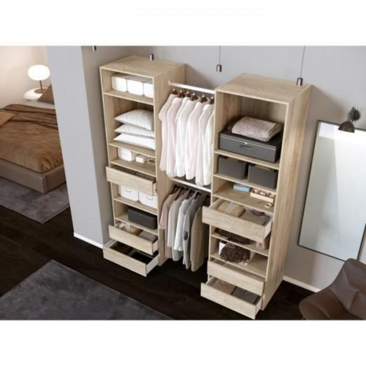 MARKET24 Kit dressing 2 colonnes - Décor chene clair - 6 tiroirs - 2 barres de penderie - L 177 x P 48 x H 200,2 cm - COMBI