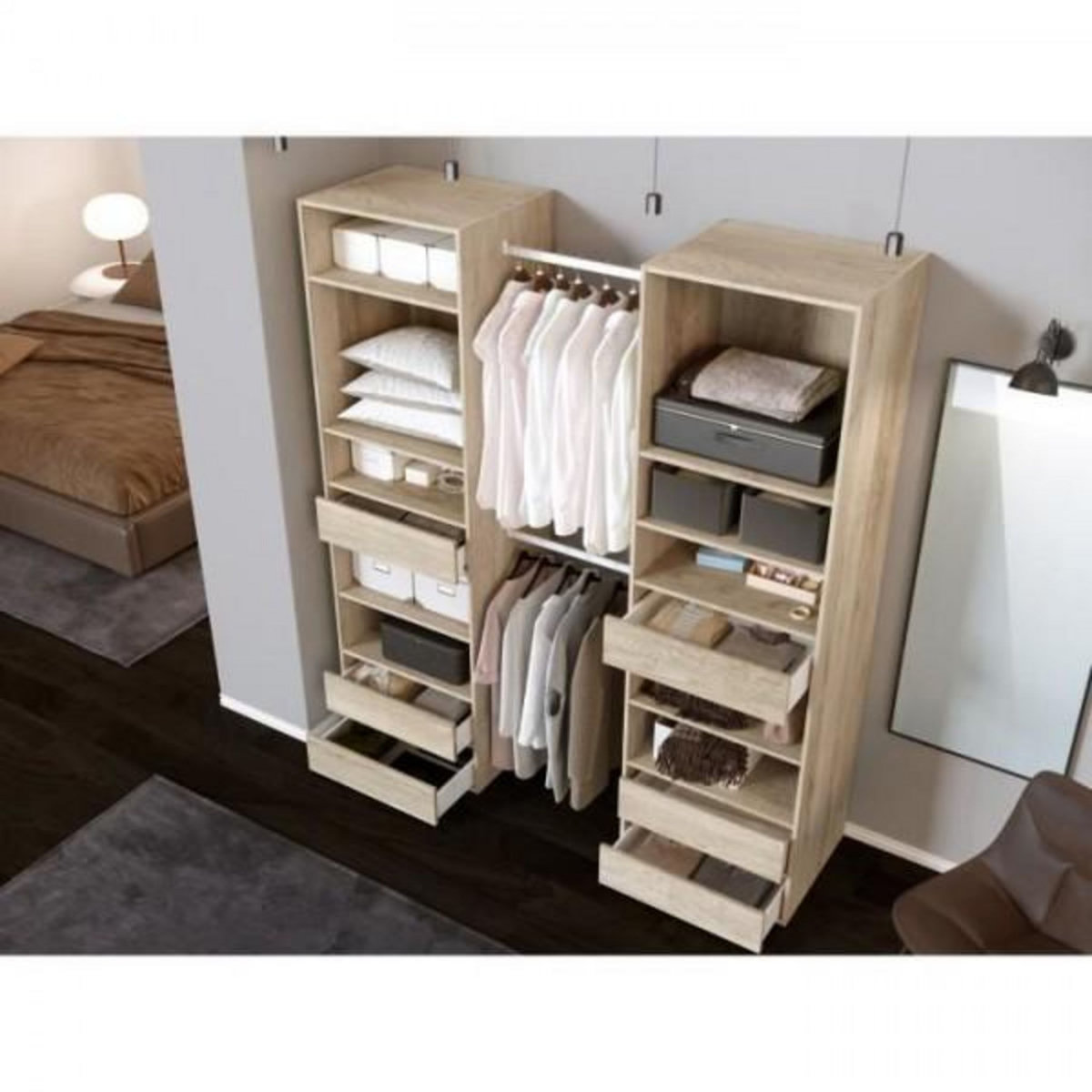 MARKET24 Kit dressing 2 colonnes - Décor chene clair - 6 tiroirs - 2 barres de penderie - L 177 x P 48 x H 200,2 cm - COMBI