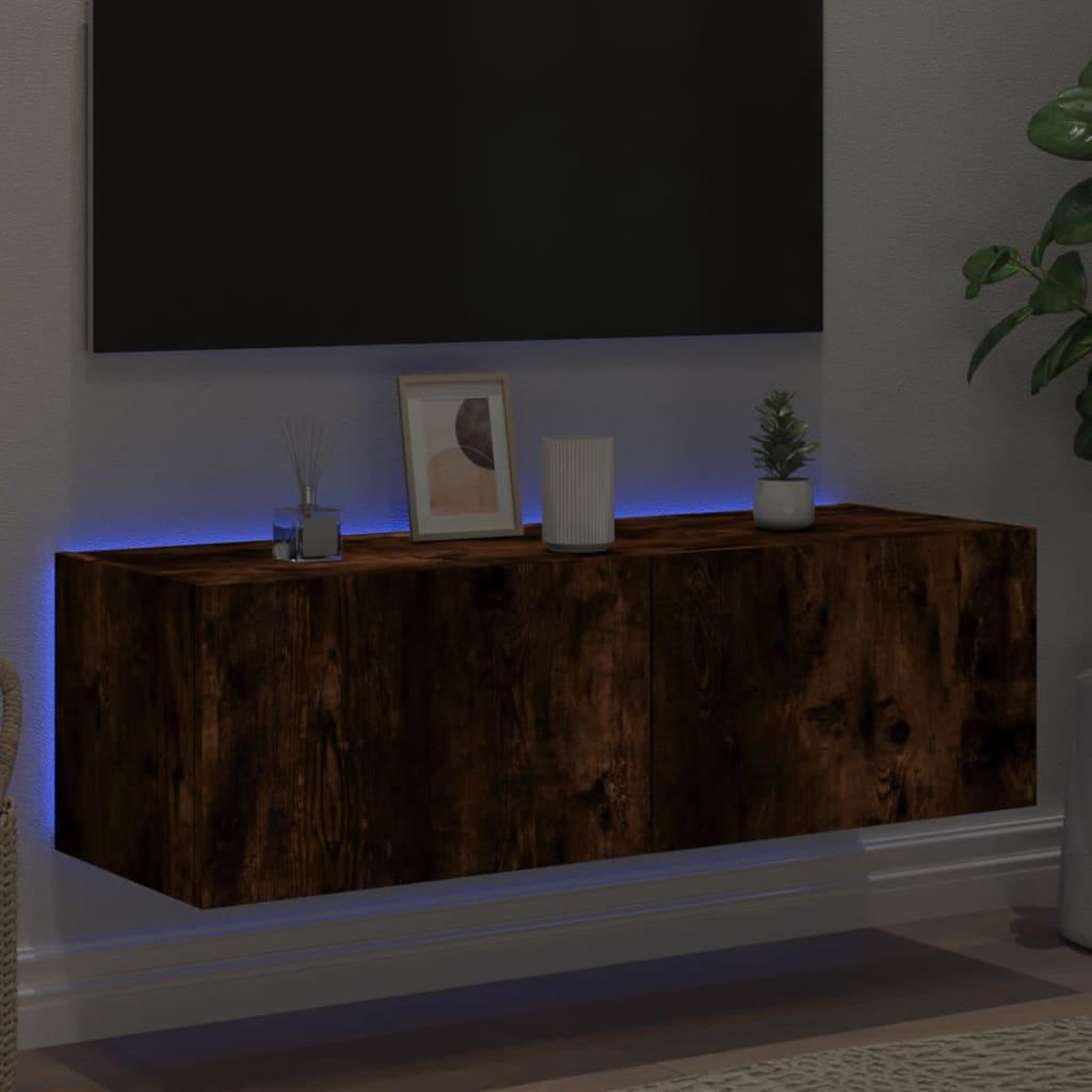 Voir la diapositive 4 : VIDAXL Meuble TV mural avec lumieres LED chene fume 100x35x31 cm