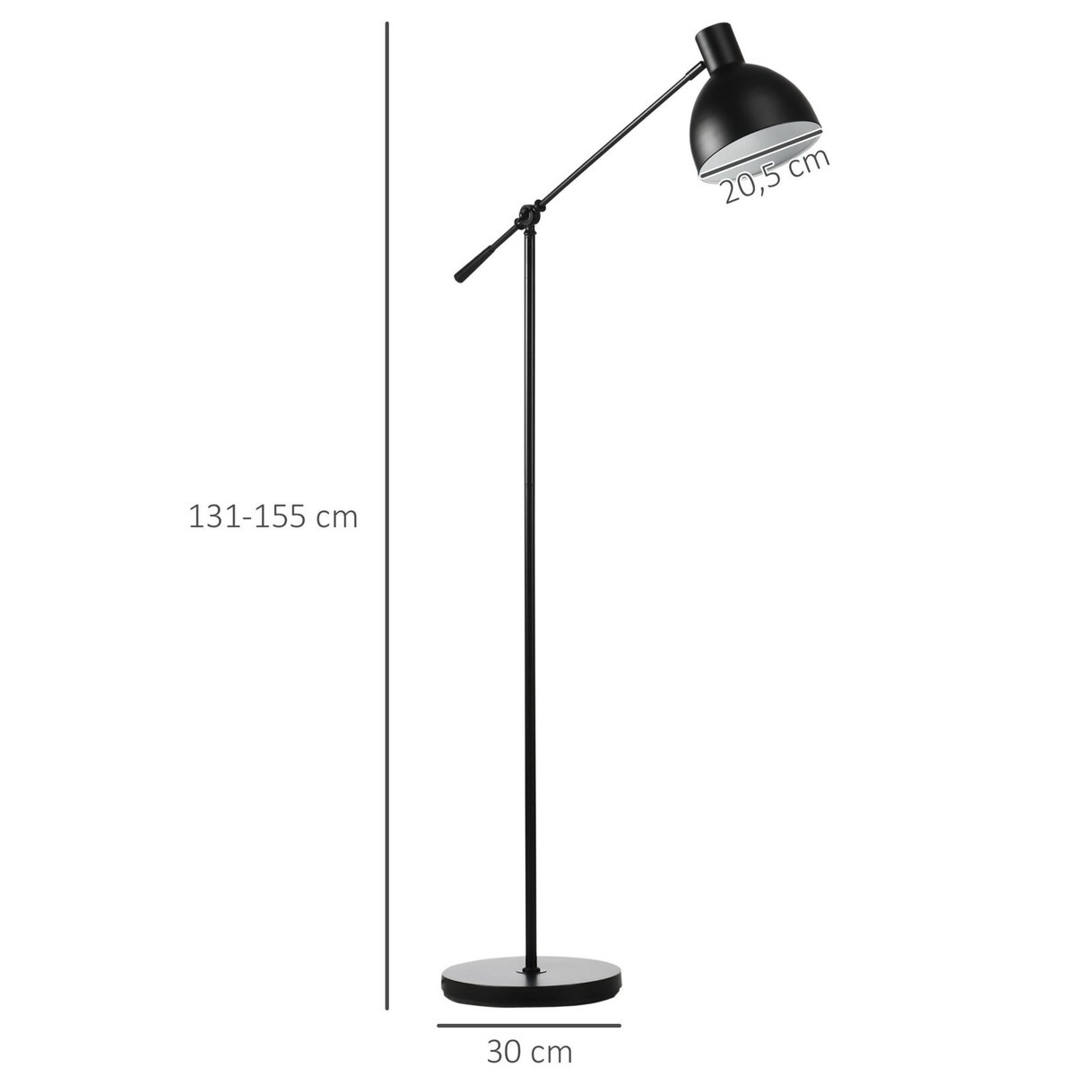 HOMCOM Lampadaire sur pied salon bureau 40W E27 - hauteur réglable, abat-jour et bras orientable - acier noir