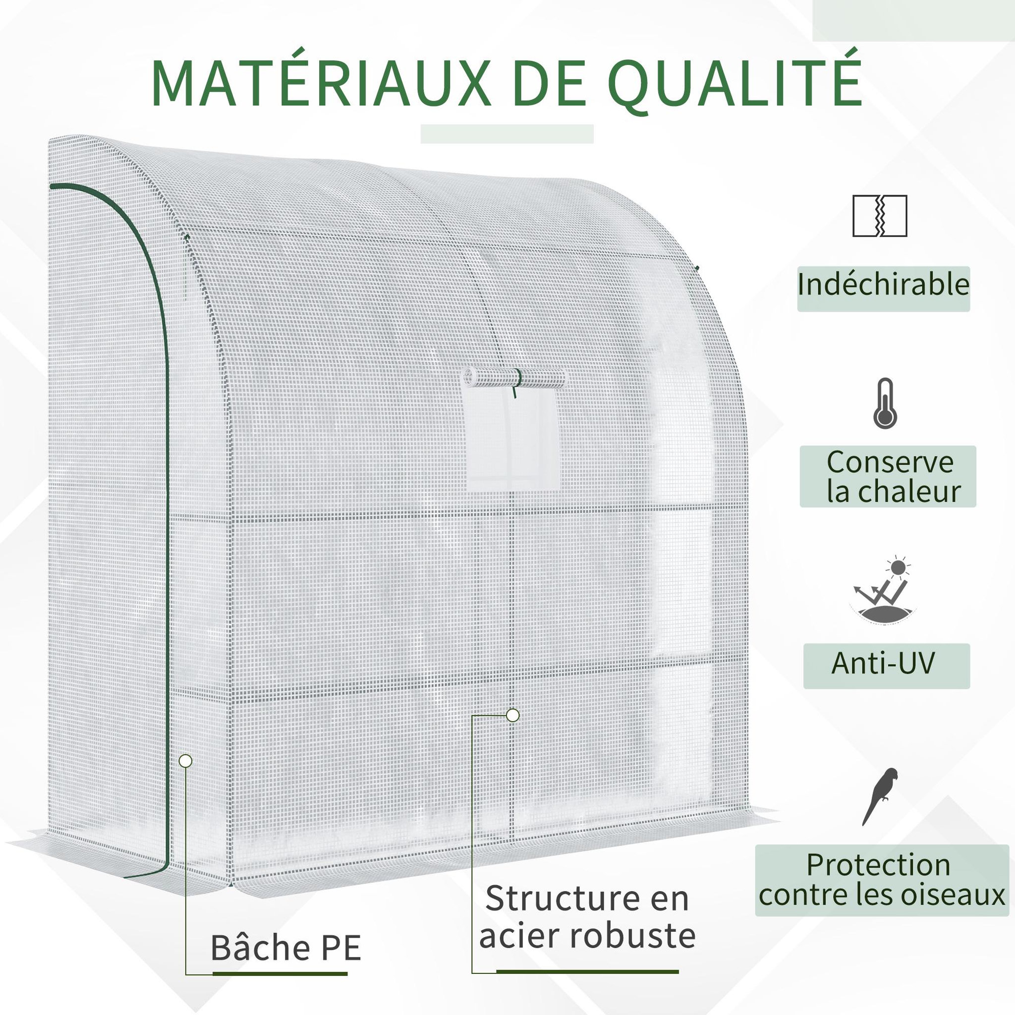 Voir la diapositive 4 : OUTSUNNY Serre de jardin adossée serre adossée dim. 2l x 1l x 2,13h m 4 étagères 2 portes zippées 1 fenêtre acier pe haute densité blanc