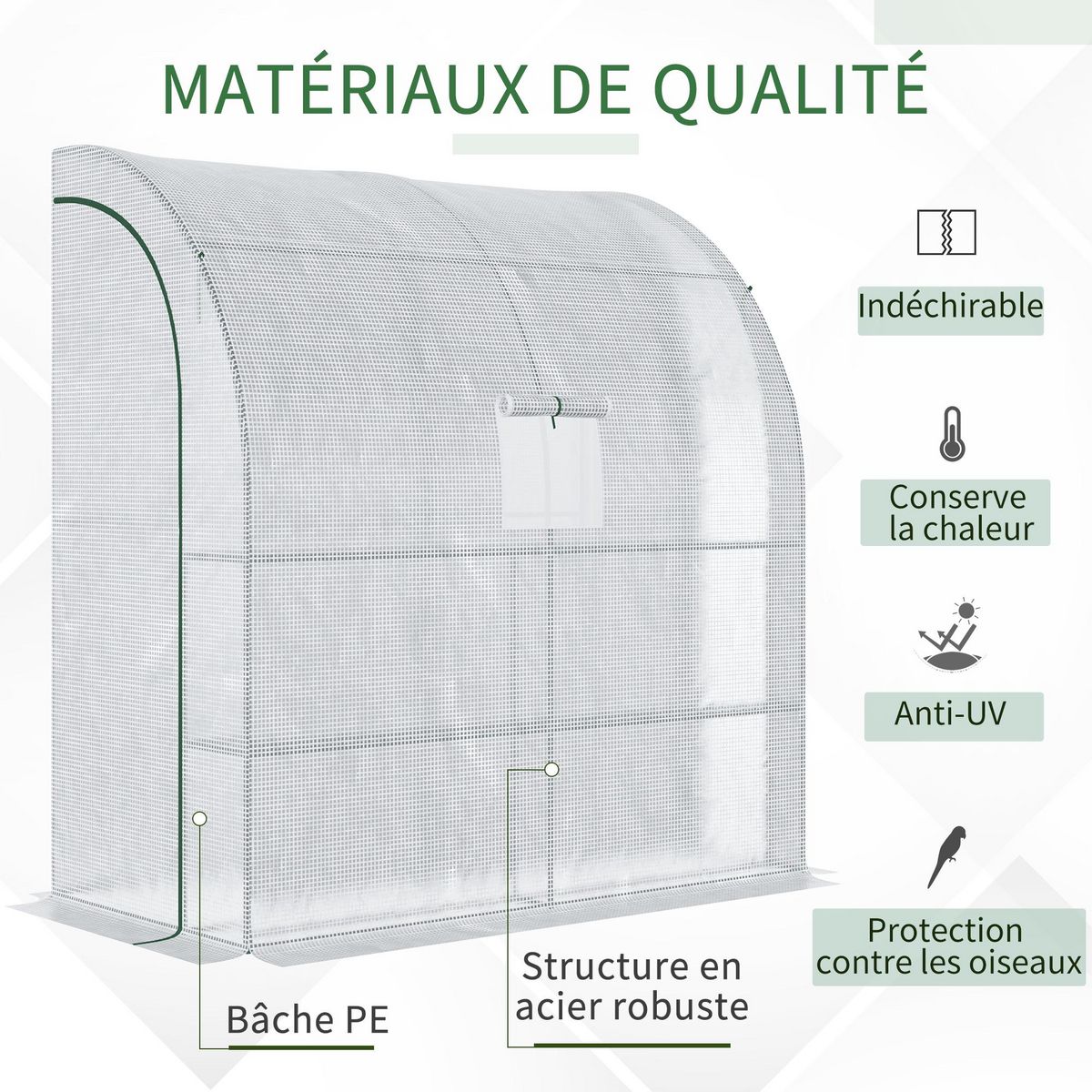 OUTSUNNY Serre de jardin adossée serre adossée dim. 2L x 1l x 2,13H m 4 étagères 2 portes zippées 1 fenêtre acier PE haute densité blanc