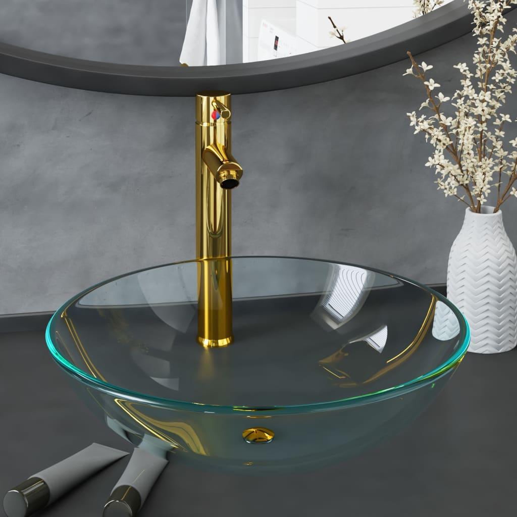 VIDAXL Lavabo de bain avec robinet et drain a poussoir Verre trempe