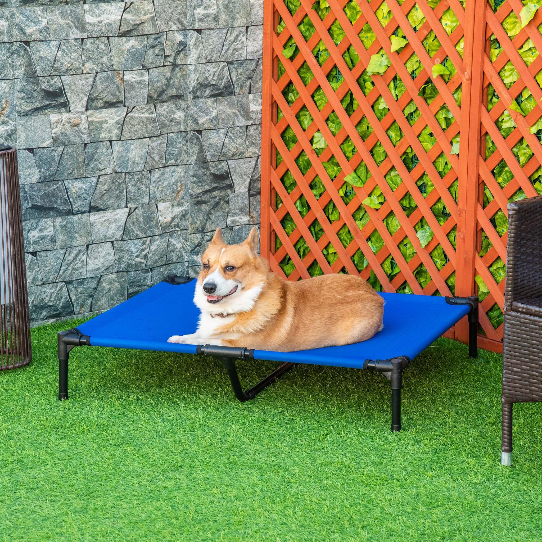 Voir la diapositive 2 : PAWHUT Lit surélevé pour chien dim. 92 x 76 x 18 cm sac de transport inclus métal oxford haute densité bleu