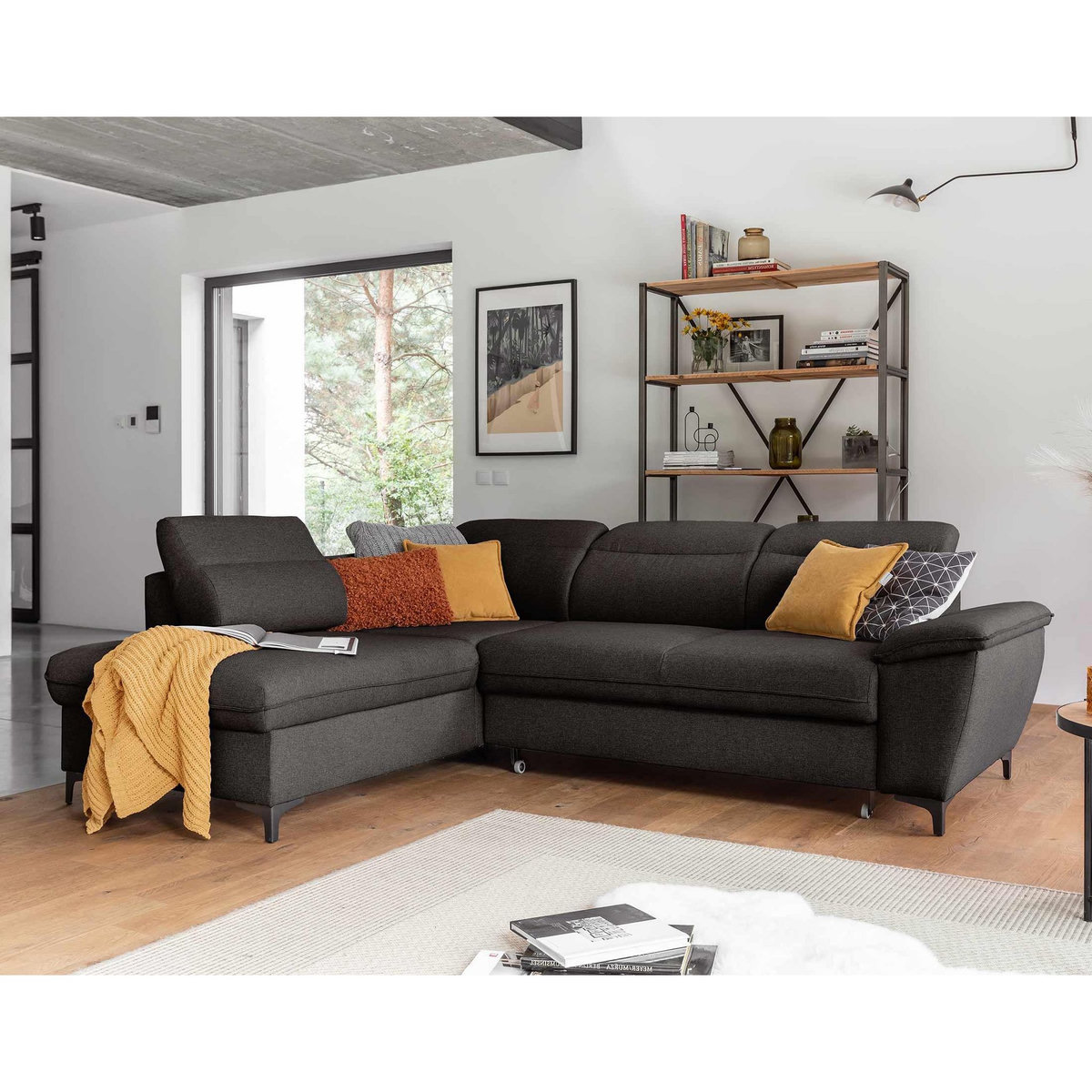 BEST MOBILIER Clever - canapé d'angle gauche - 5 places - convertible avec coffre et têtières - en tissu