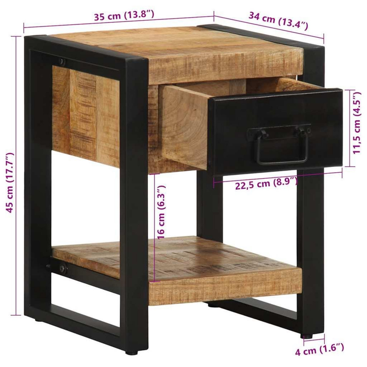 VIDAXL Table de chevet 35x34x45 cm bois de manguier massif brut