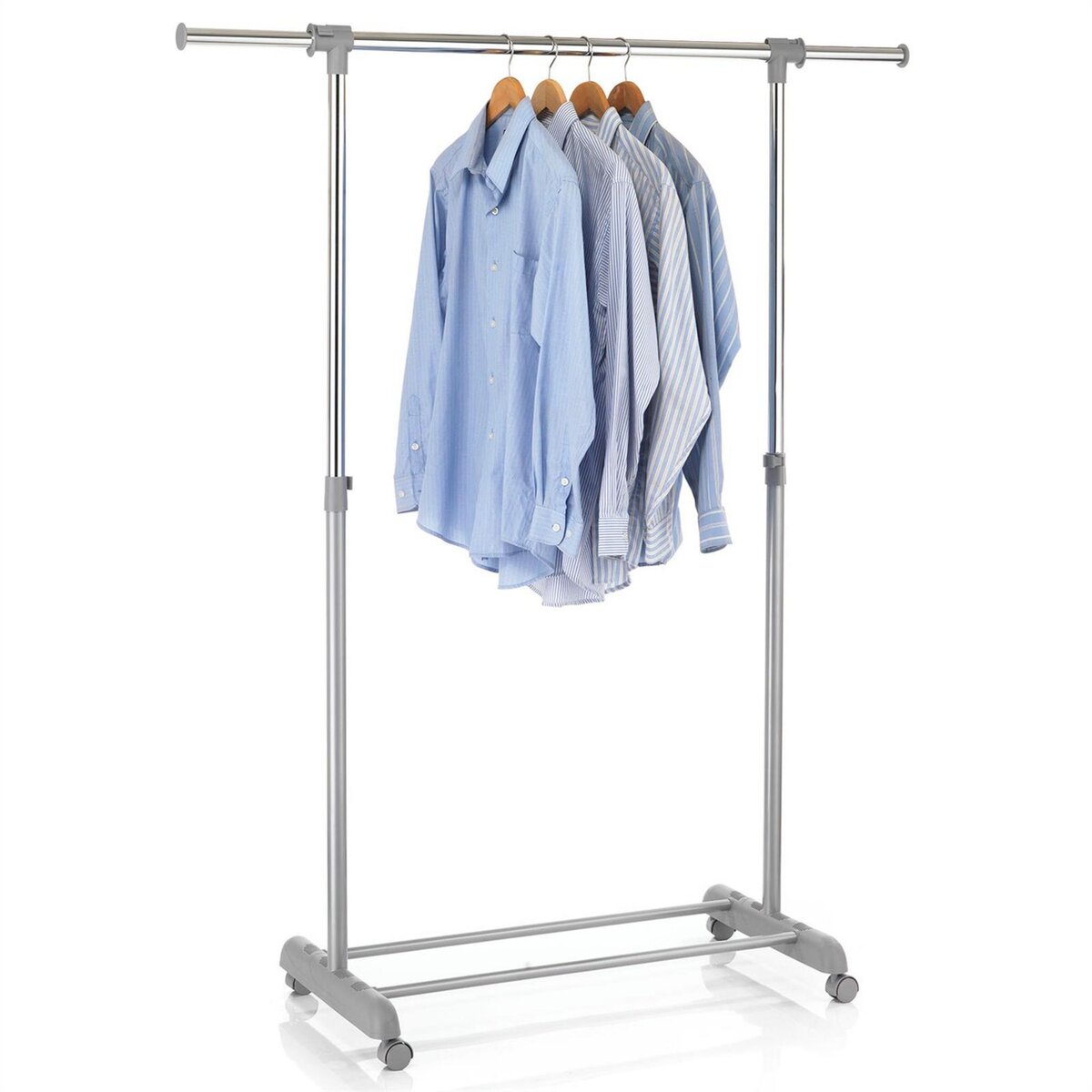 IDIMEX Portant à vêtements SALA en métal chromé et gris, penderie simple  sur roulettes avec 1 barre extensible hauteur réglable pas cher 