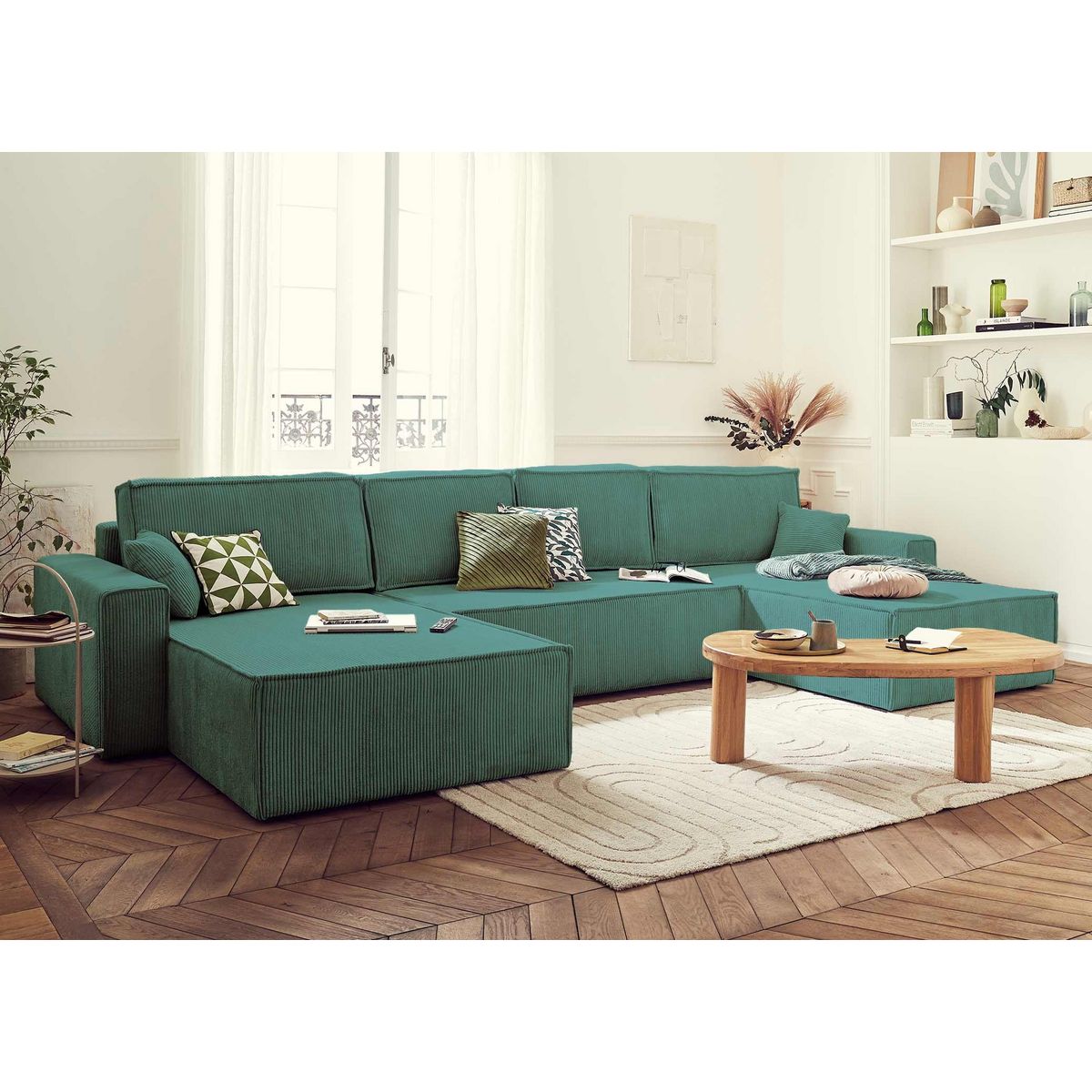 BEST MOBILIER Dellia - canapé panoramique en u - 7 places - convertible - avec coffre - en velours côtelé