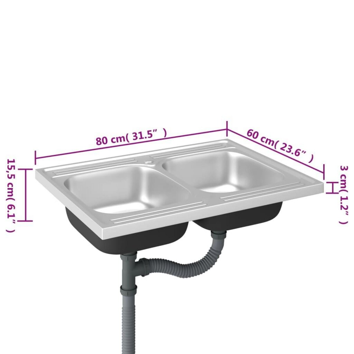 VIDAXL Evier de cuisine a double lavabo argente 800x600x155 mm inox