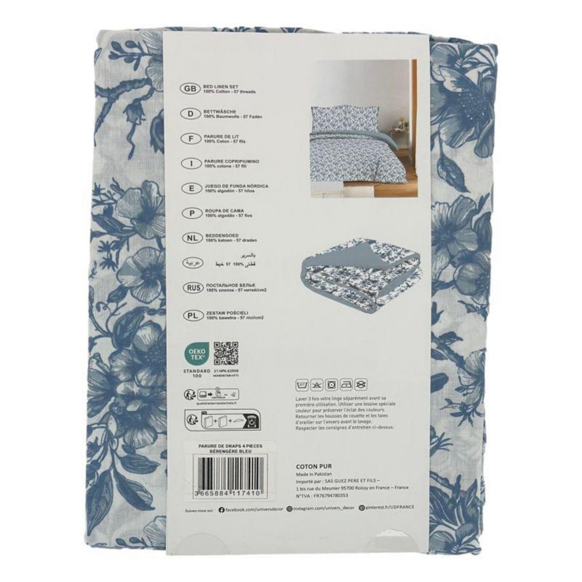 COTON PUR Parure de draps 4 pièces pour lit 140 x 190 cm Bérengère bleu