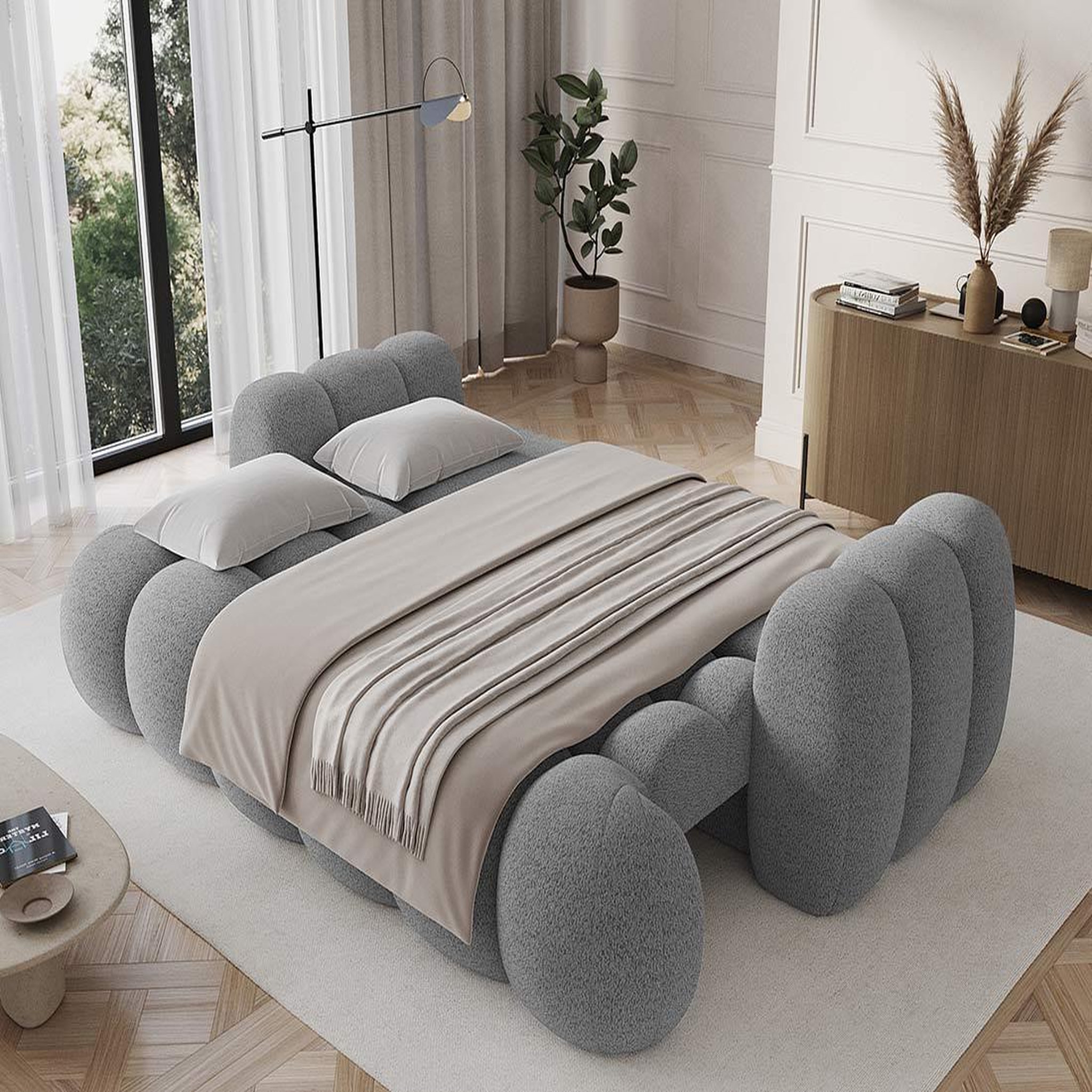 Voir la diapositive 2 : BEST MOBILIER Dorian - canapé droit 3 places convertible avec coffre en tissu bouclette