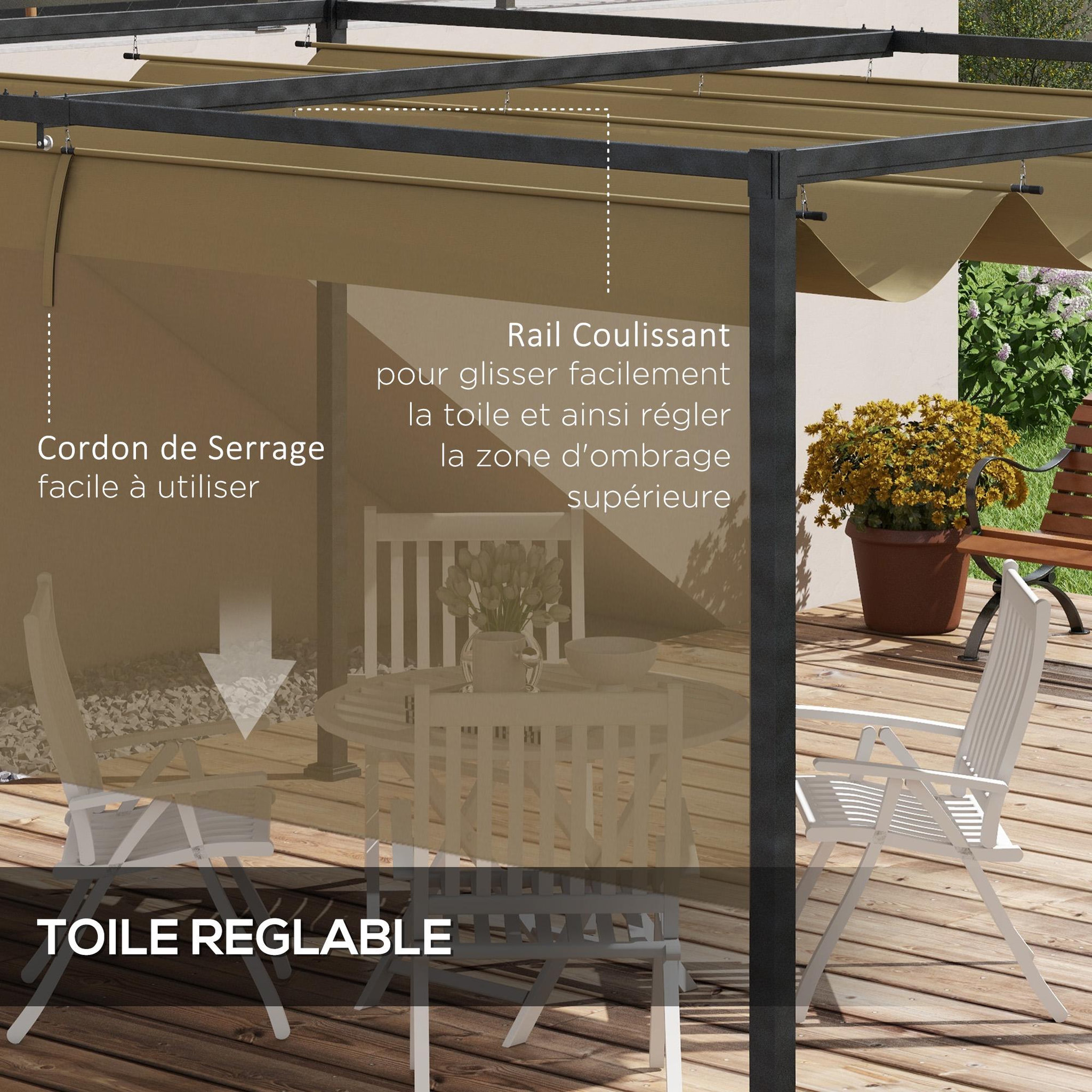 Voir la diapositive 6 : OUTSUNNY Pergola rétractable 2,98L x 2,13l x 2,22H m structure métal époxy anticorrosion toile polyester haute densité 180 g/m² incluse kaki