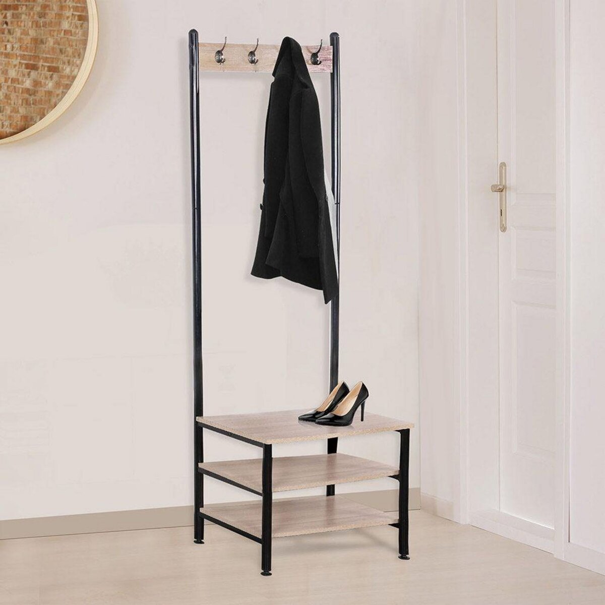 The Home Deco Factory Meuble porte manteaux 4 crochets 3 étagères
