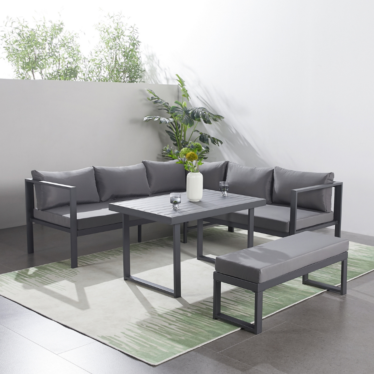 CONCEPT USINE Salon de jardin 6 places gris foncé avec canapé et banc MARBELLA