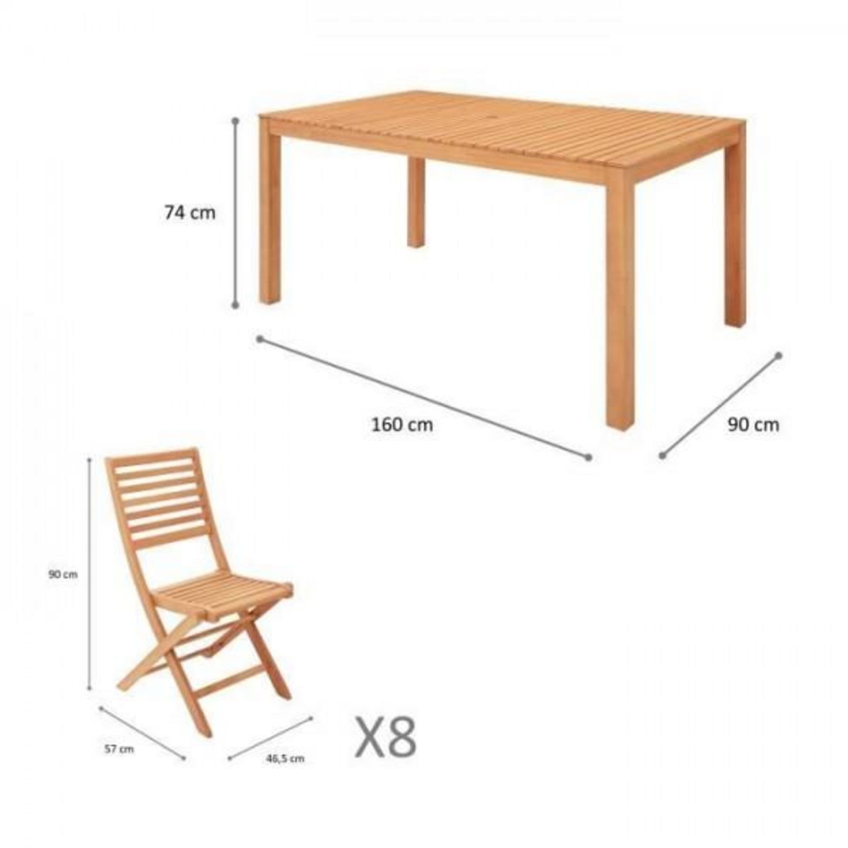 MARKET24 Salon de jardin en bois eucalyptus FSC 8 personnes - Table 180 x 90 cm + 8 chaises pliantes