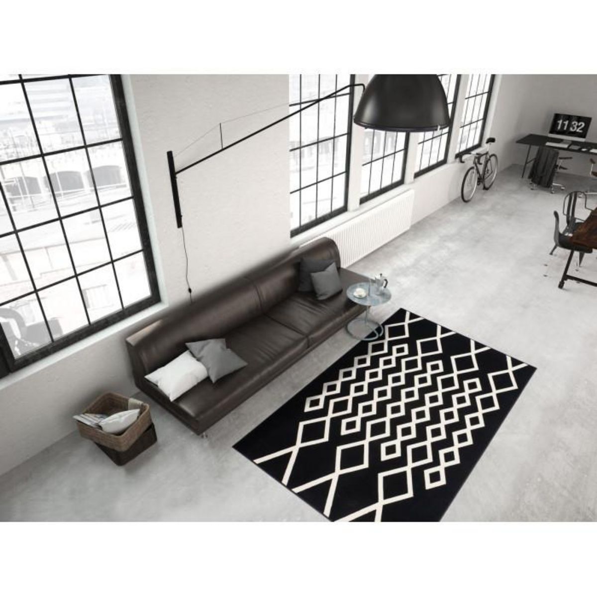 Paris Prix Tapis Géométrique à Poils Courts  Lina  Noir & Ivoire