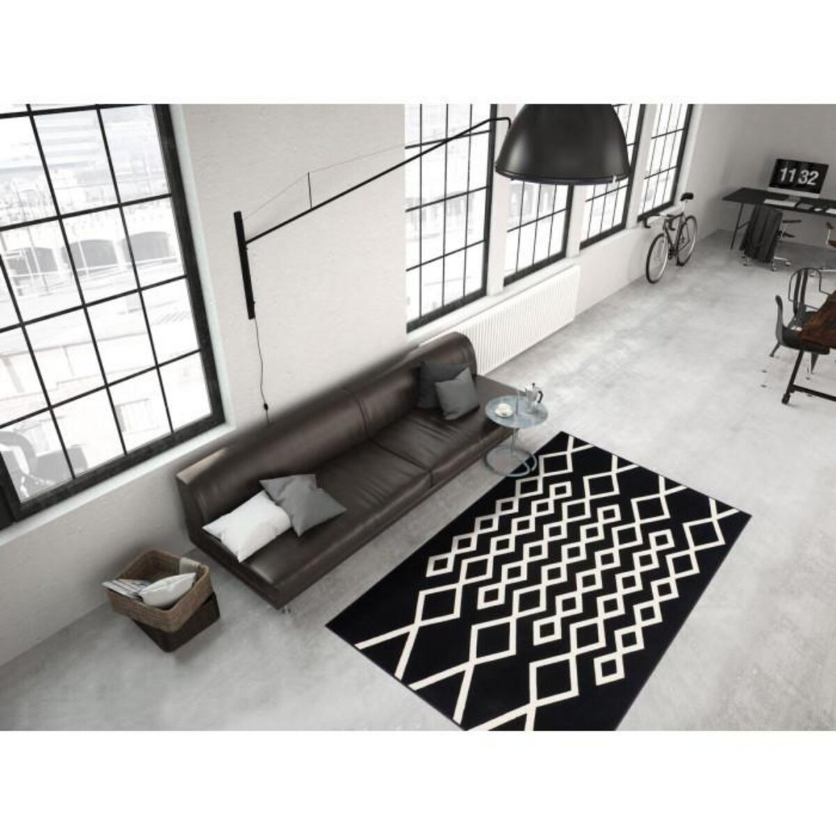 Paris Prix Tapis Géométrique à Poils Courts  Lina  Noir & Ivoire