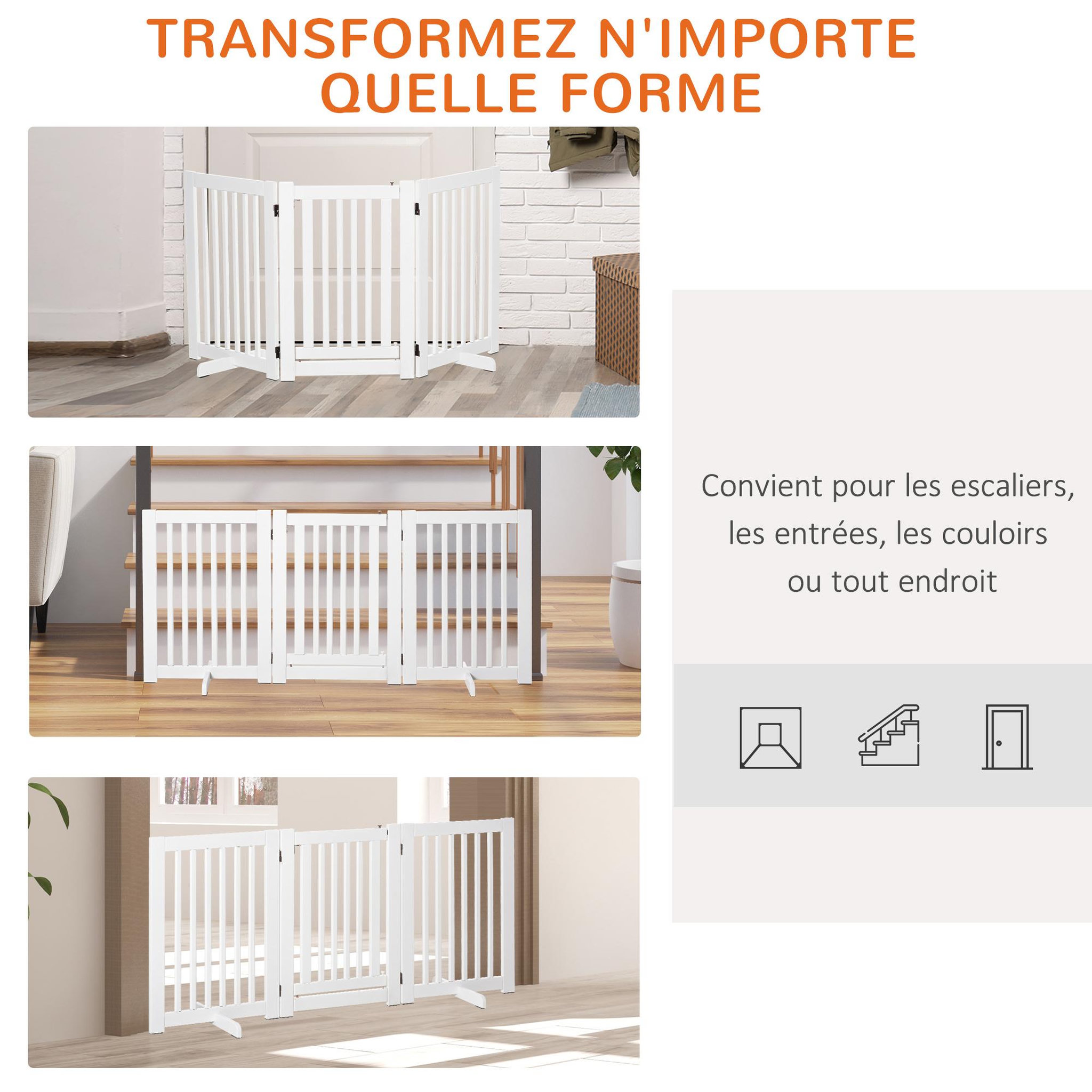 Voir la diapositive 4 : PAWHUT Barrière modulable pliable barrière de sécurité avec porte verrouillable intégrée dim. 155l x 35l x 76h cm mdf blanc