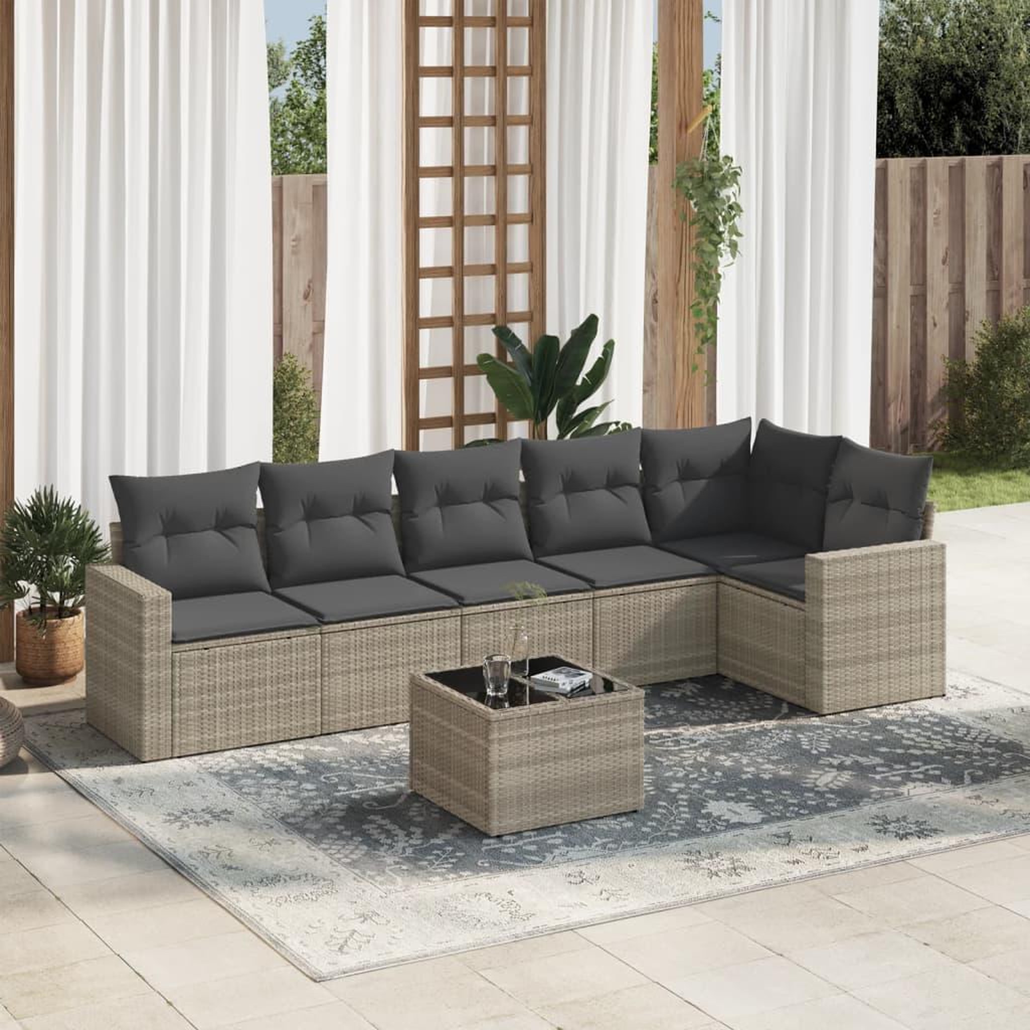 VIDAXL Salon de jardin avec coussins 7 pcs gris clair resine tressee