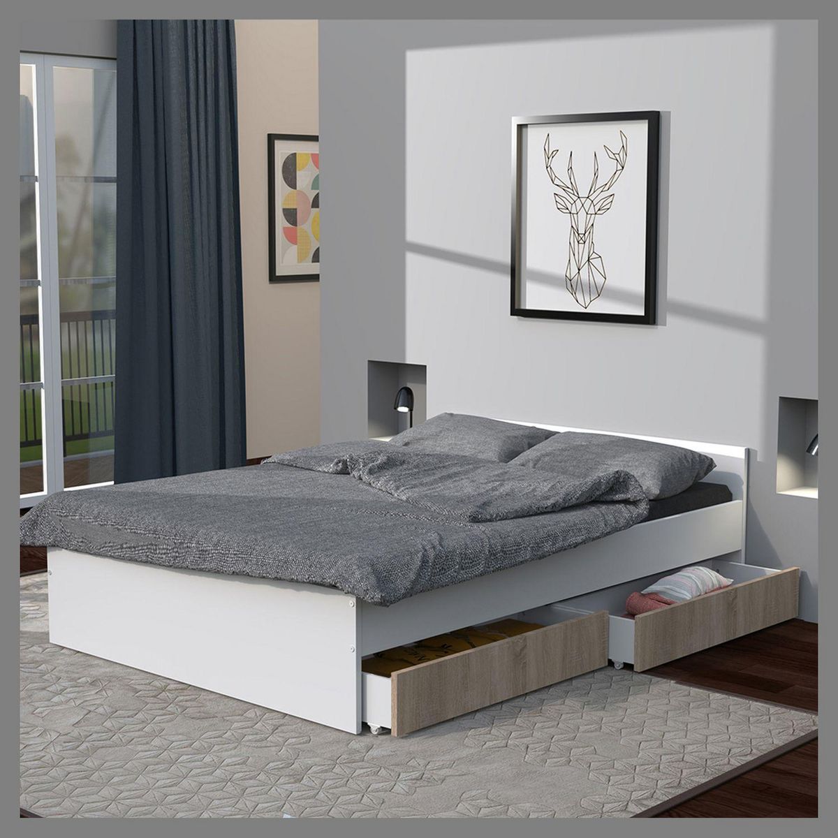 Lit avec rangements 140x190 cm, 2 tiroirs et tête de lit CAMA